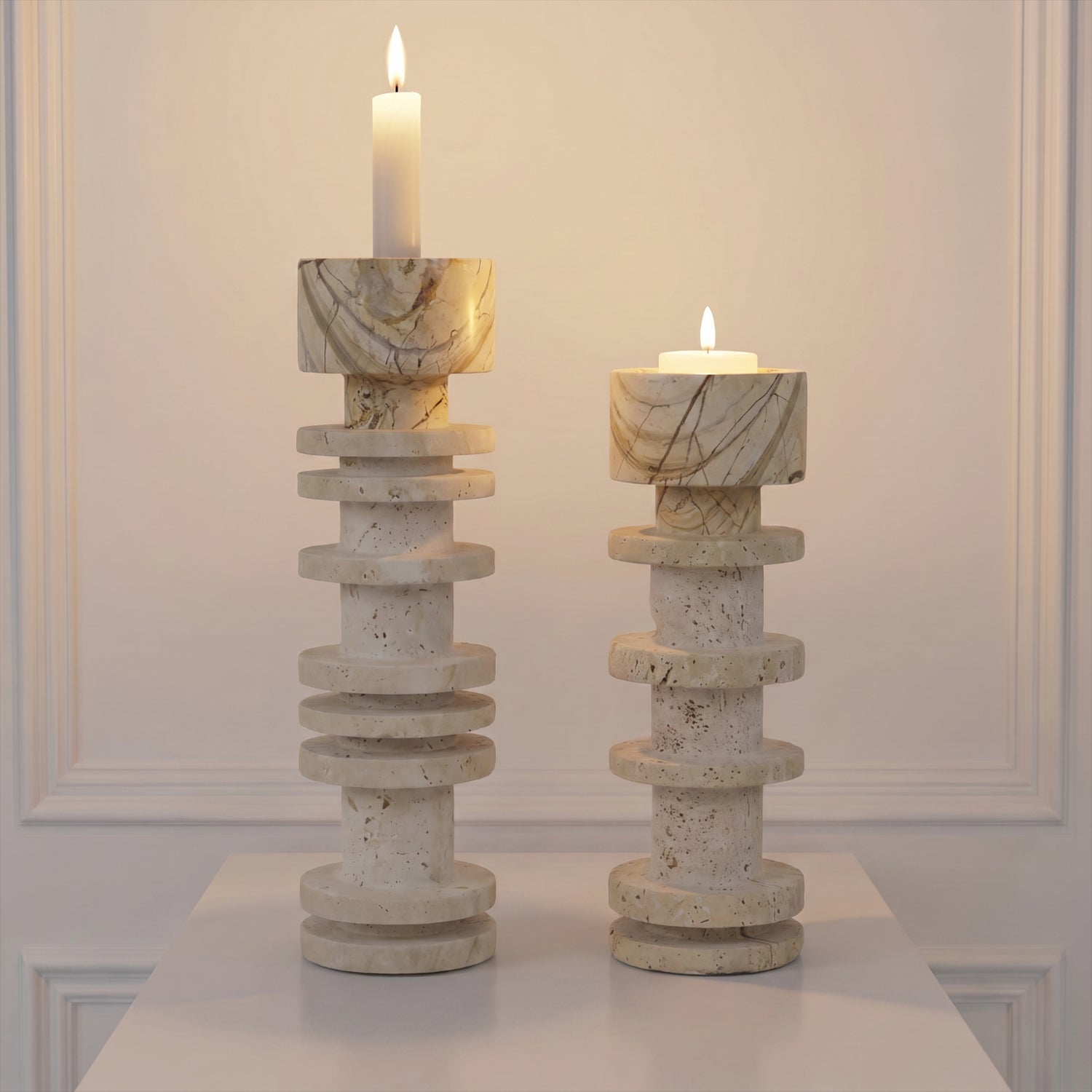 Bello Travertine Candelabrum | Five Rings, Natural Matte Finish