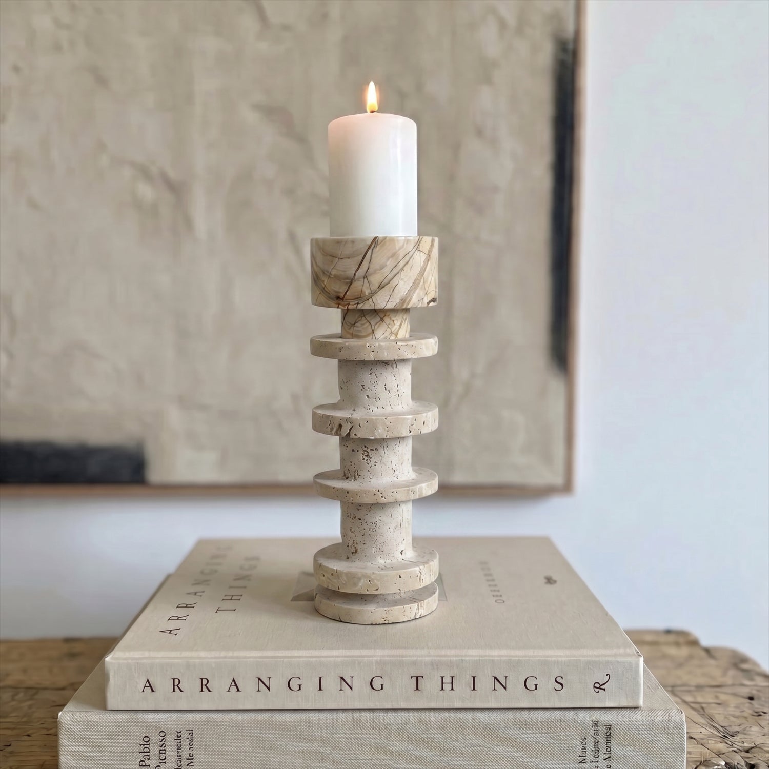 Bello Travertine Candelabrum | Five Rings, Natural Matte Finish