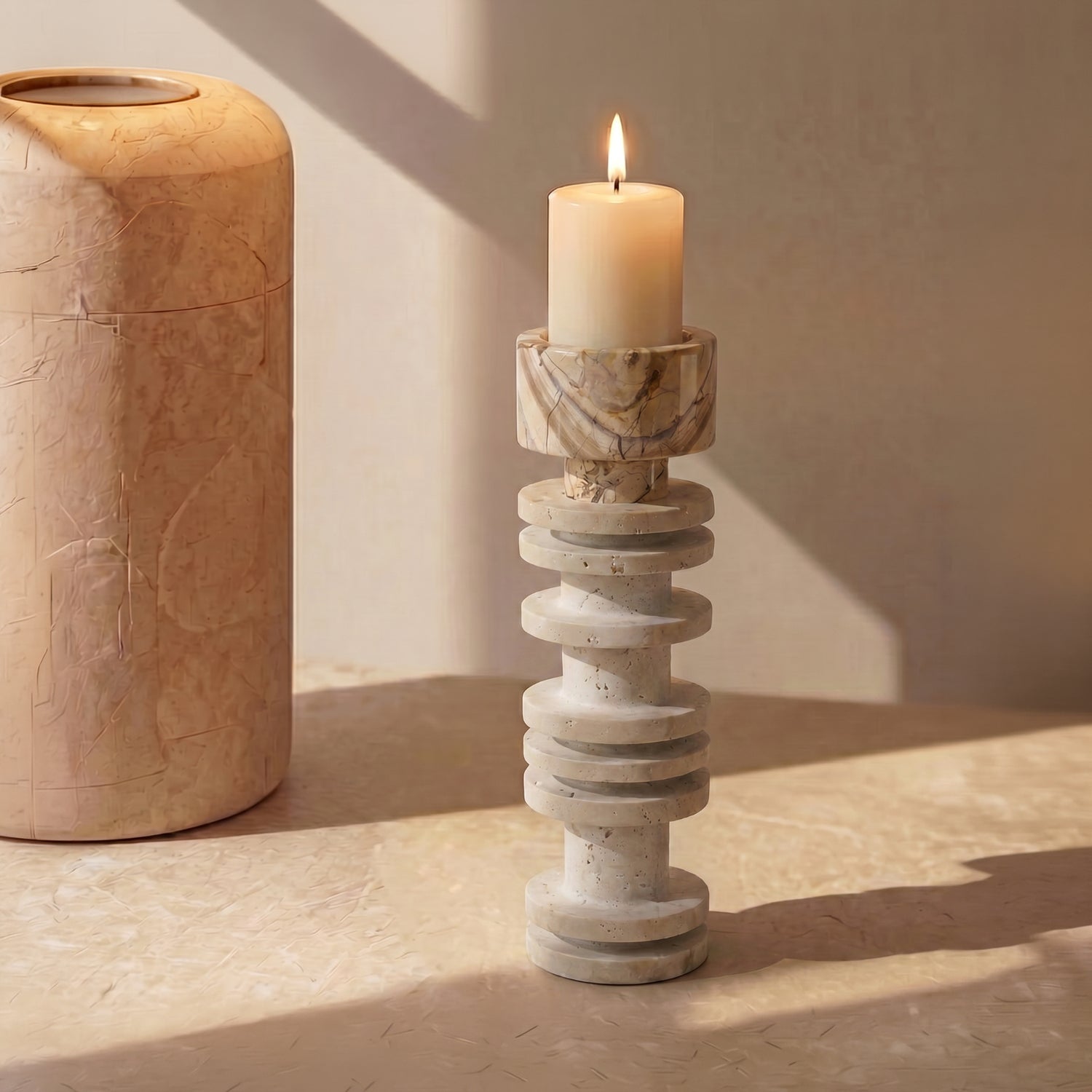 Bello Travertine Candelabrum | Classical Column Design, 32 cm