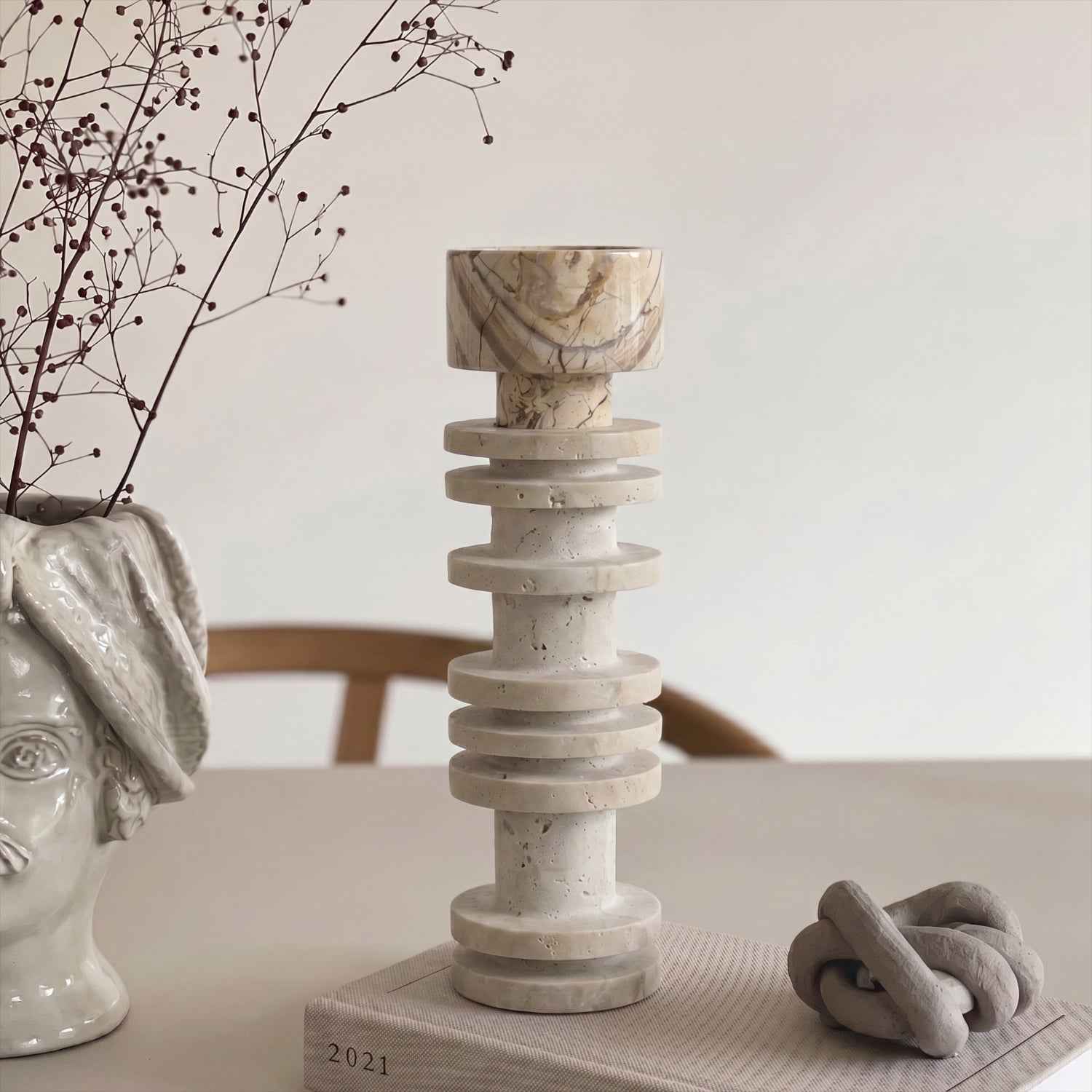 Bello Travertine Candelabrum | Classical Column Design, 32 cm