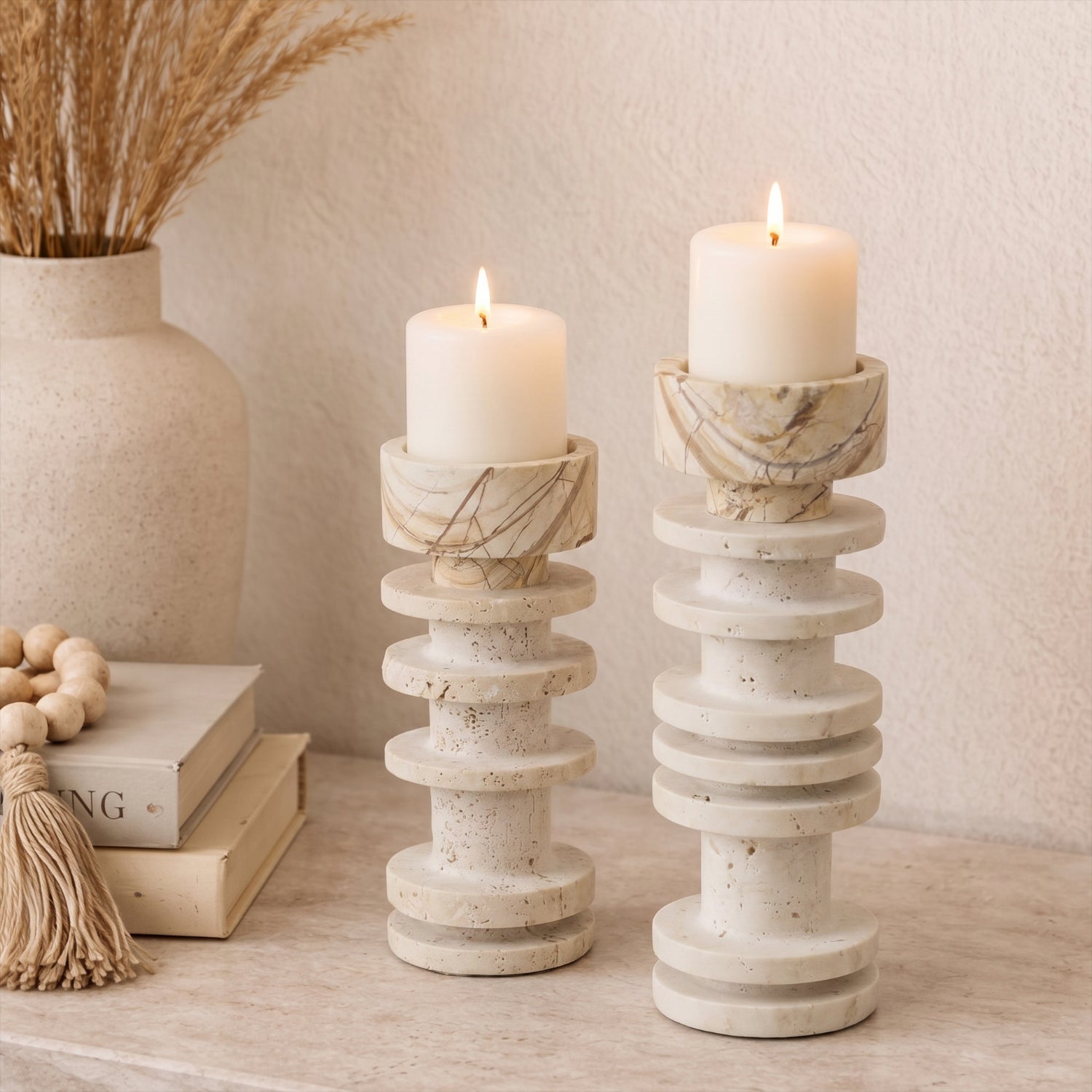 Bello Travertine Candelabrum | Classical Column Design, 32 cm