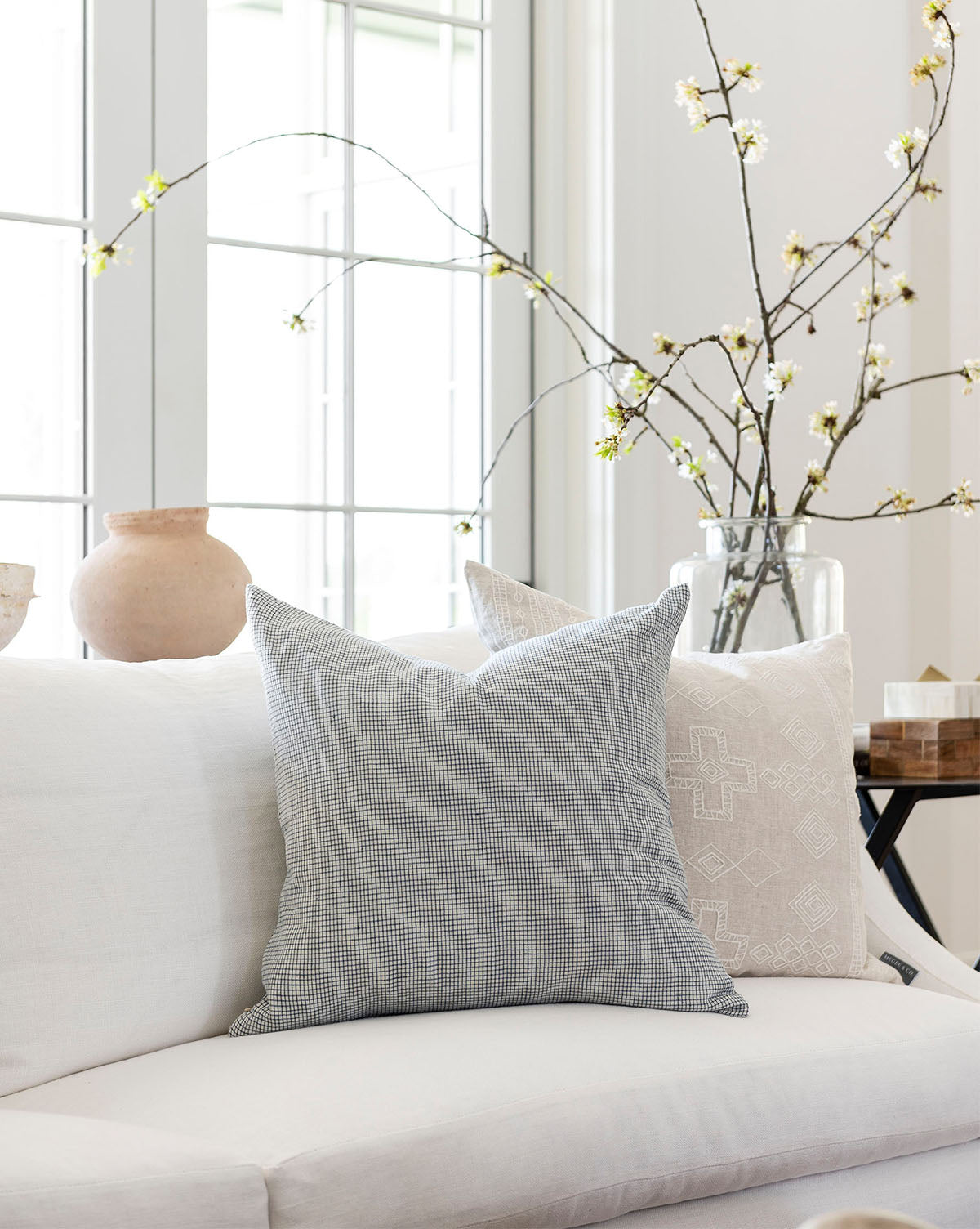 Luno Pillow Cover  Blue and Cream Grid Pattern