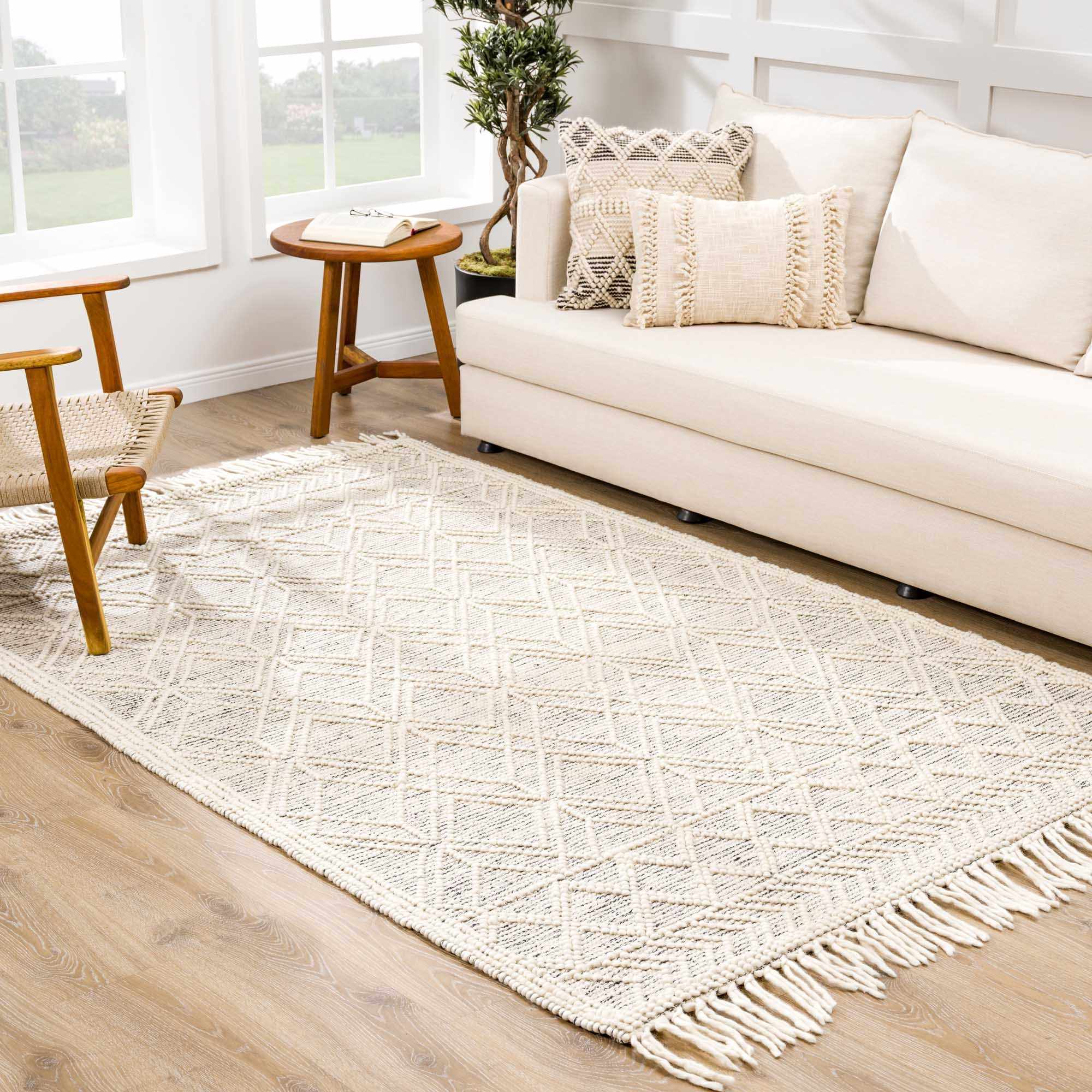 Bramble Area Rug  Hand Woven  40% Wool, Ivory & Black Geometric