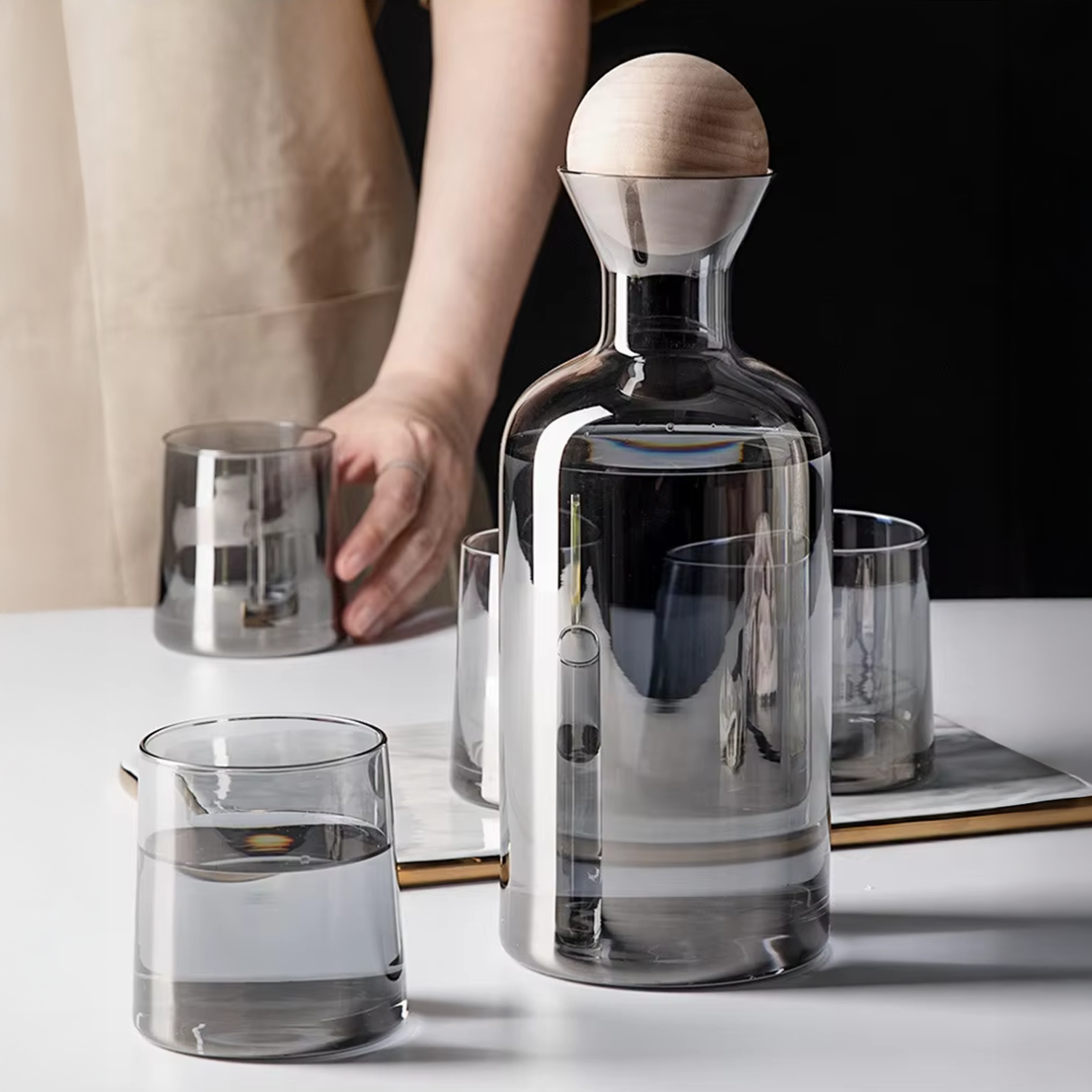 Bela Glass Decanter Set | Borosilicate Jug with 4 Grey Glasses