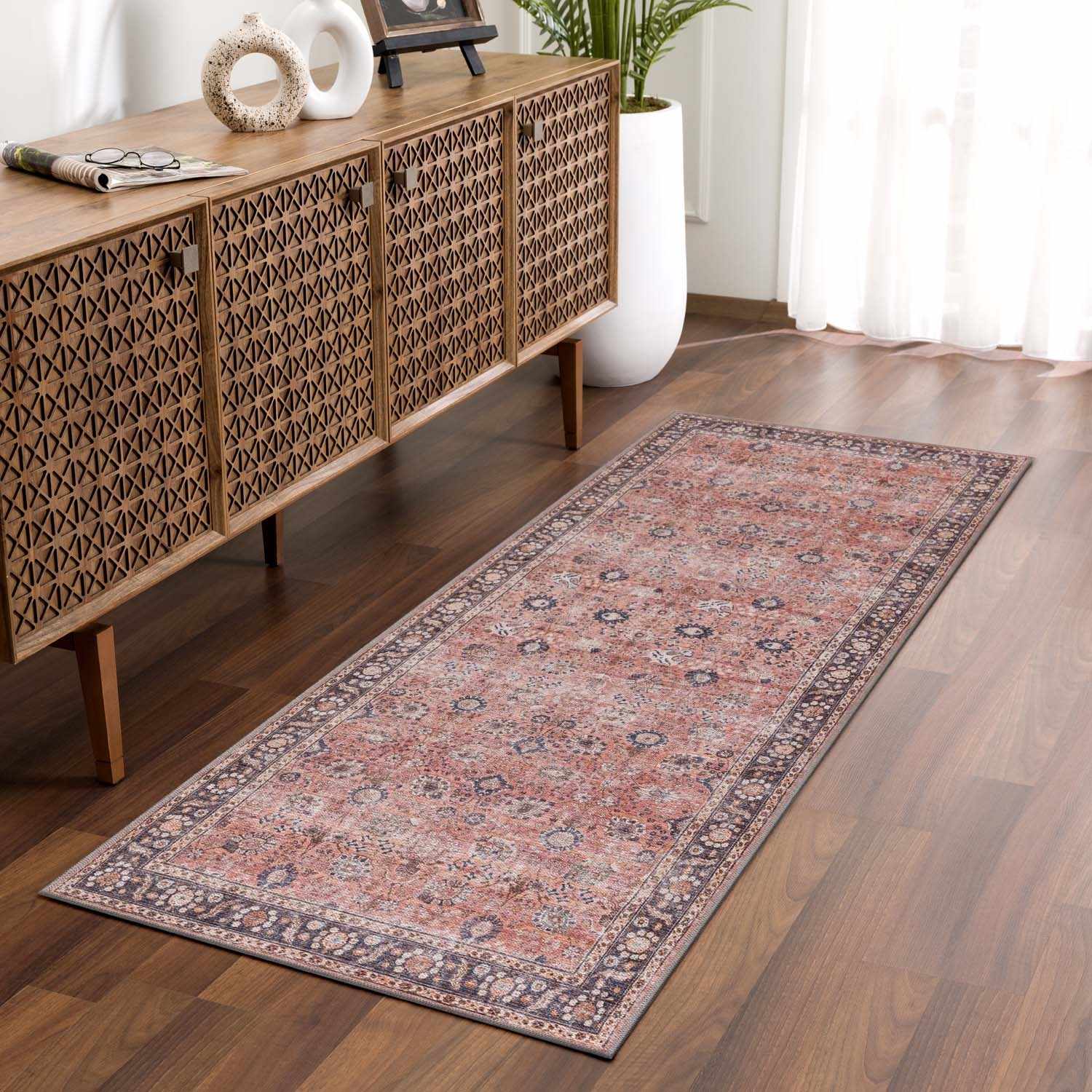 Brio Red Washable Rug Machine Woven Traditional Style