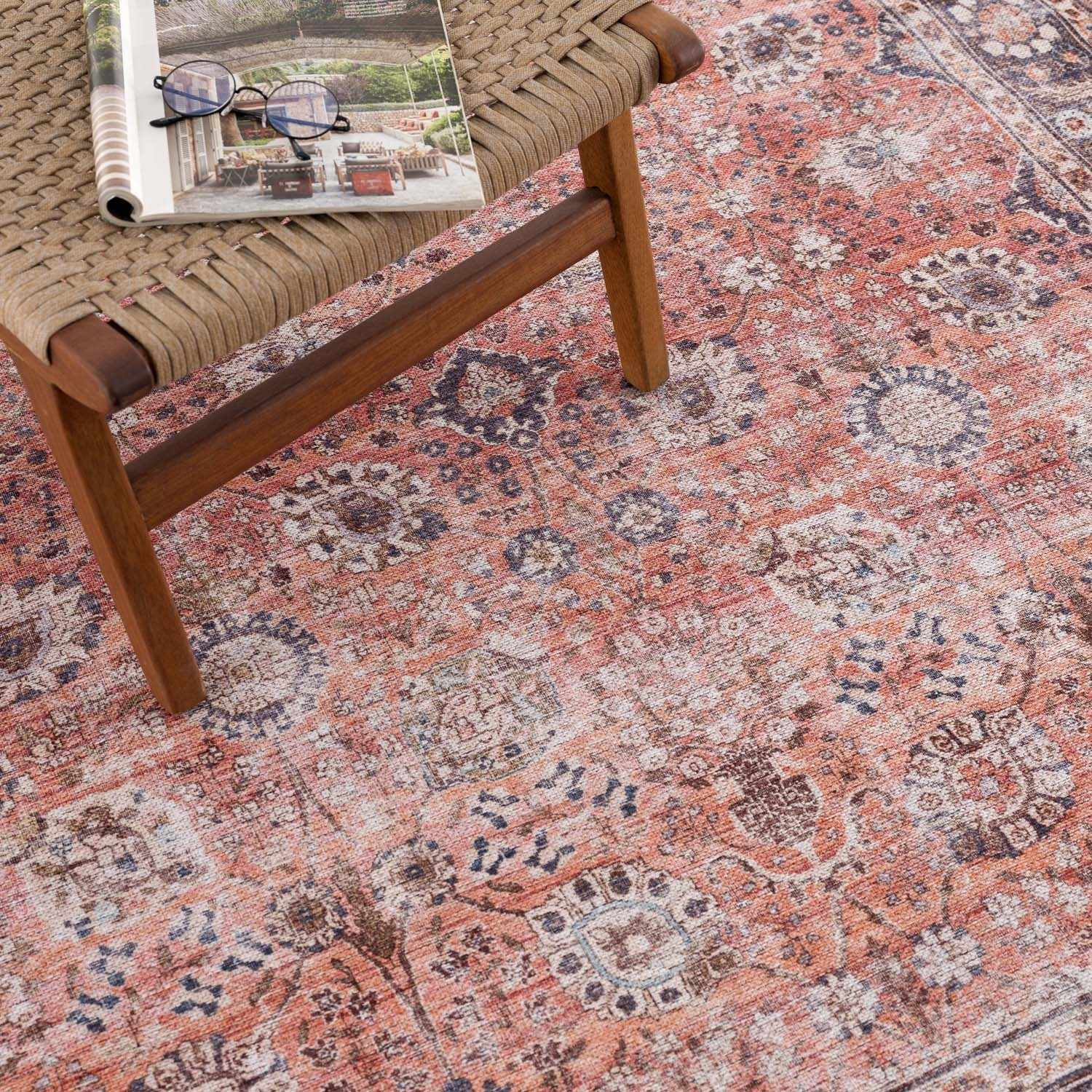 Brio Red Washable Rug Machine Woven Traditional Style
