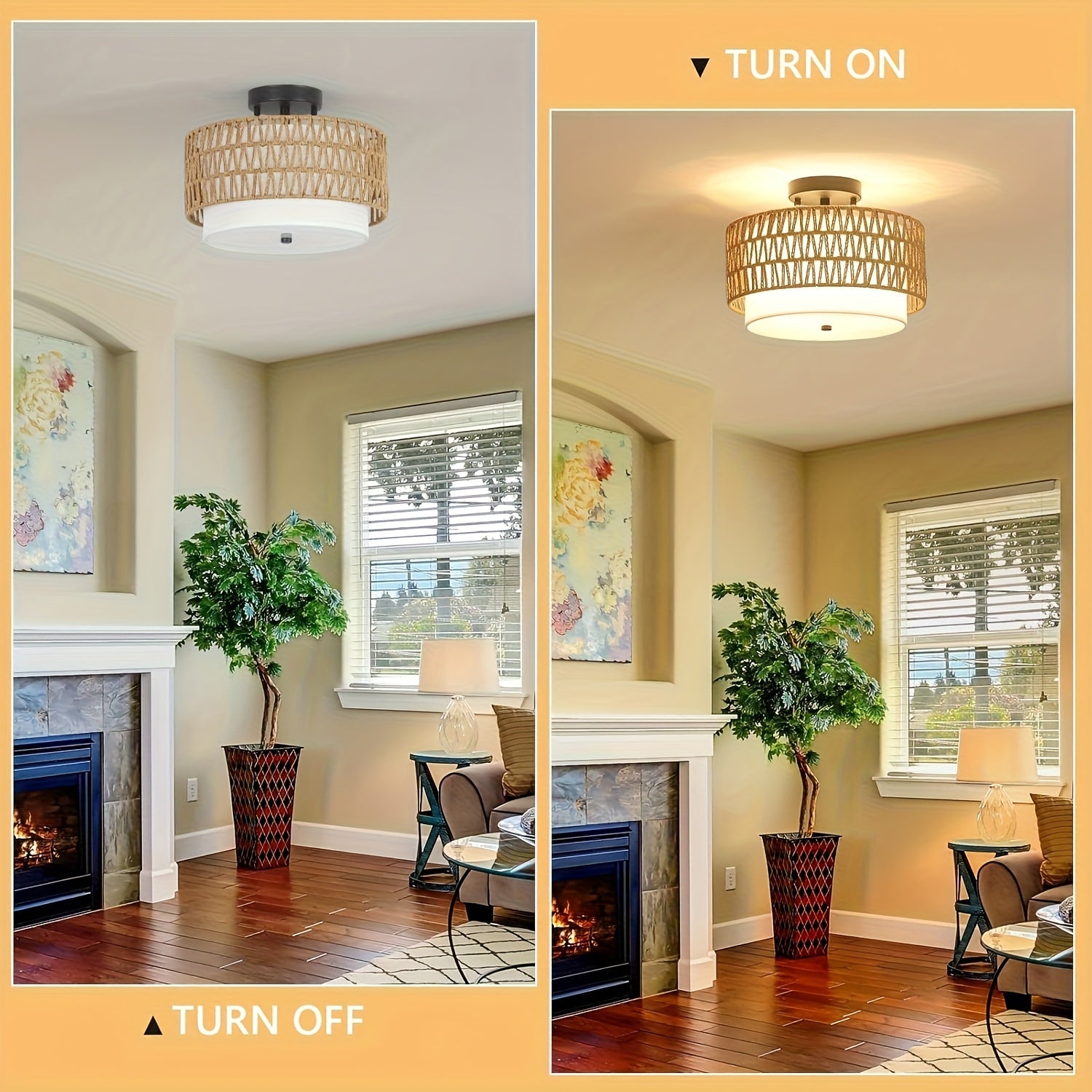 Bela Rattan Ceiling Light | Semi-Flush Mount with Linen Shade
