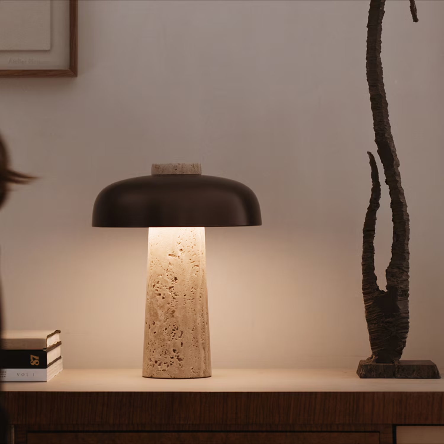 Eclipse – Black Modern Travertine Table Lamp with Touch Control - Cendre Home
