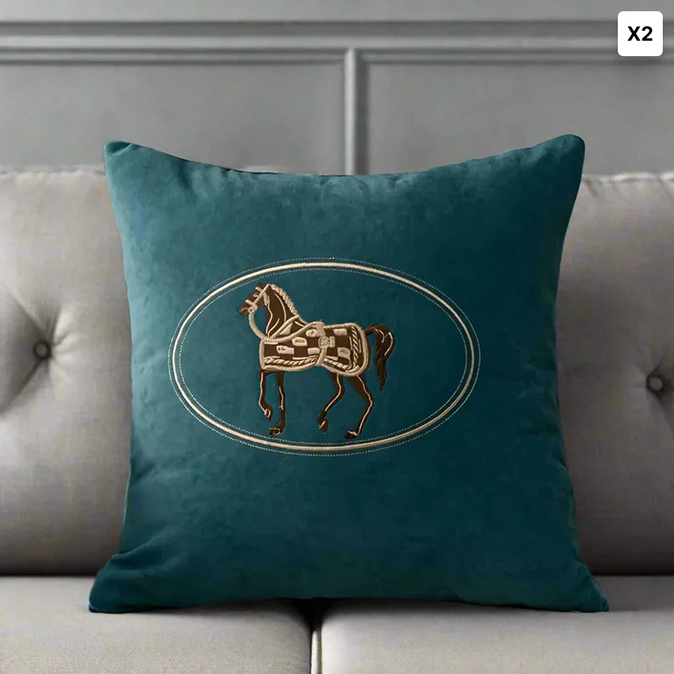 Bela Velvet Cushion Cover | Embroidered Horse Design, 45x45 cm