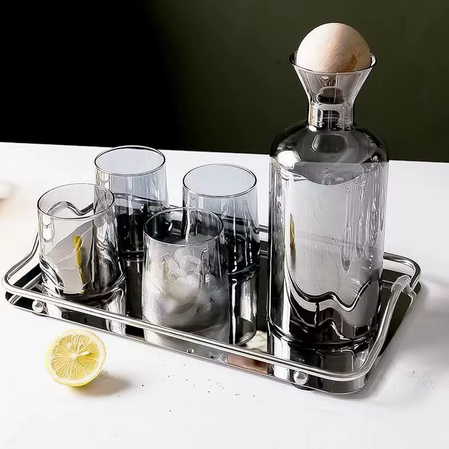 Bela Glass Decanter Set | Borosilicate Jug with 4 Grey Glasses