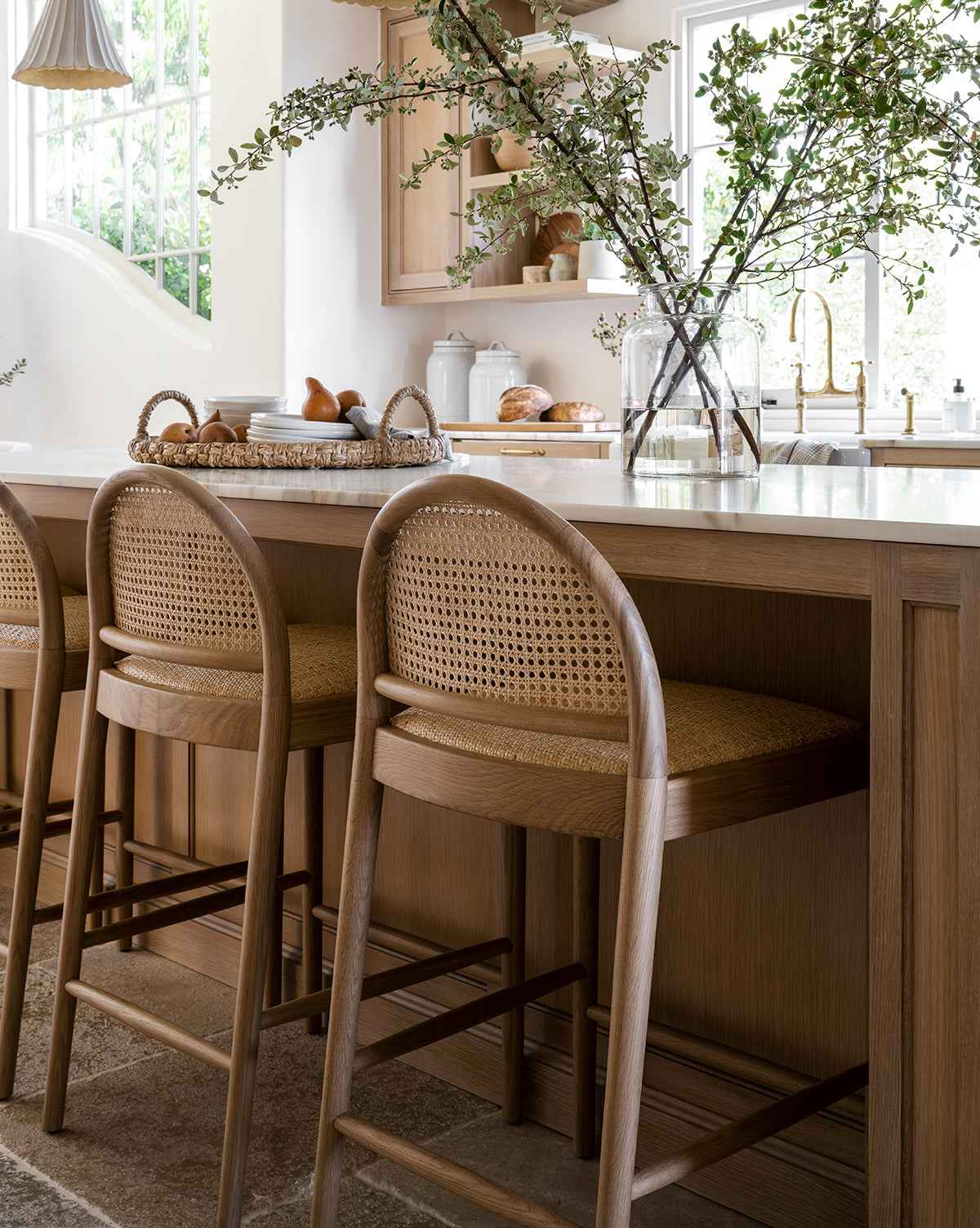 Haven Counter Stool Natural Oak Frame Cane Back and Woven Seat