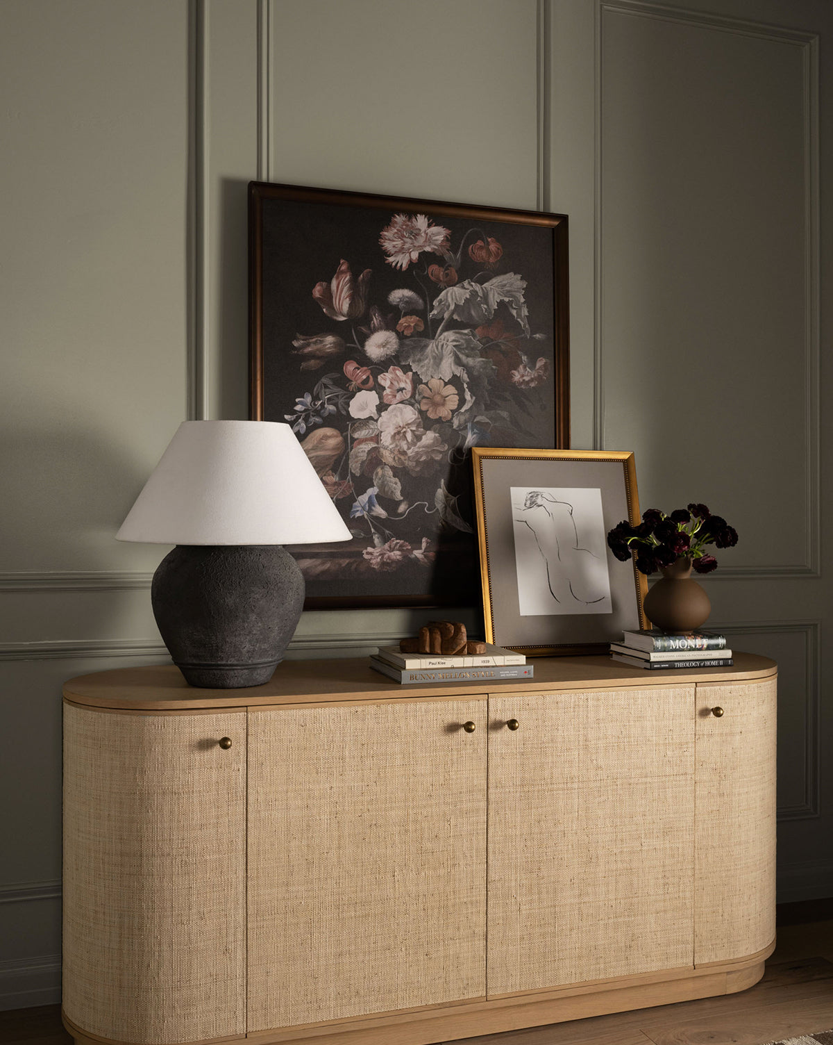 Luna Woven Sideboard  White Oak & Natural Grasscloth  Rounded Design