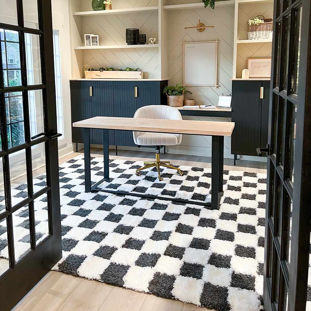 Bento Area Rug  Black & White Checkered  Plush Pile