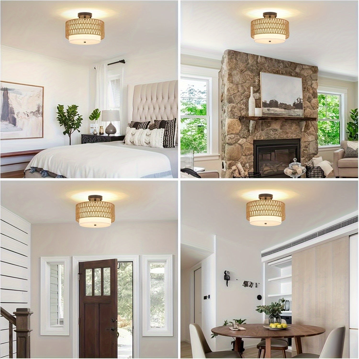Bela Rattan Ceiling Light | Semi-Flush Mount with Linen Shade