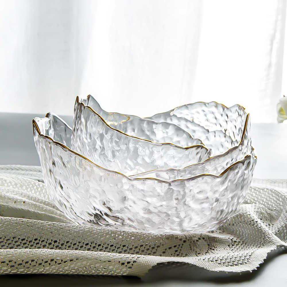 FrostBreeze Serving Bowls | Textured Glass, Gold Trim