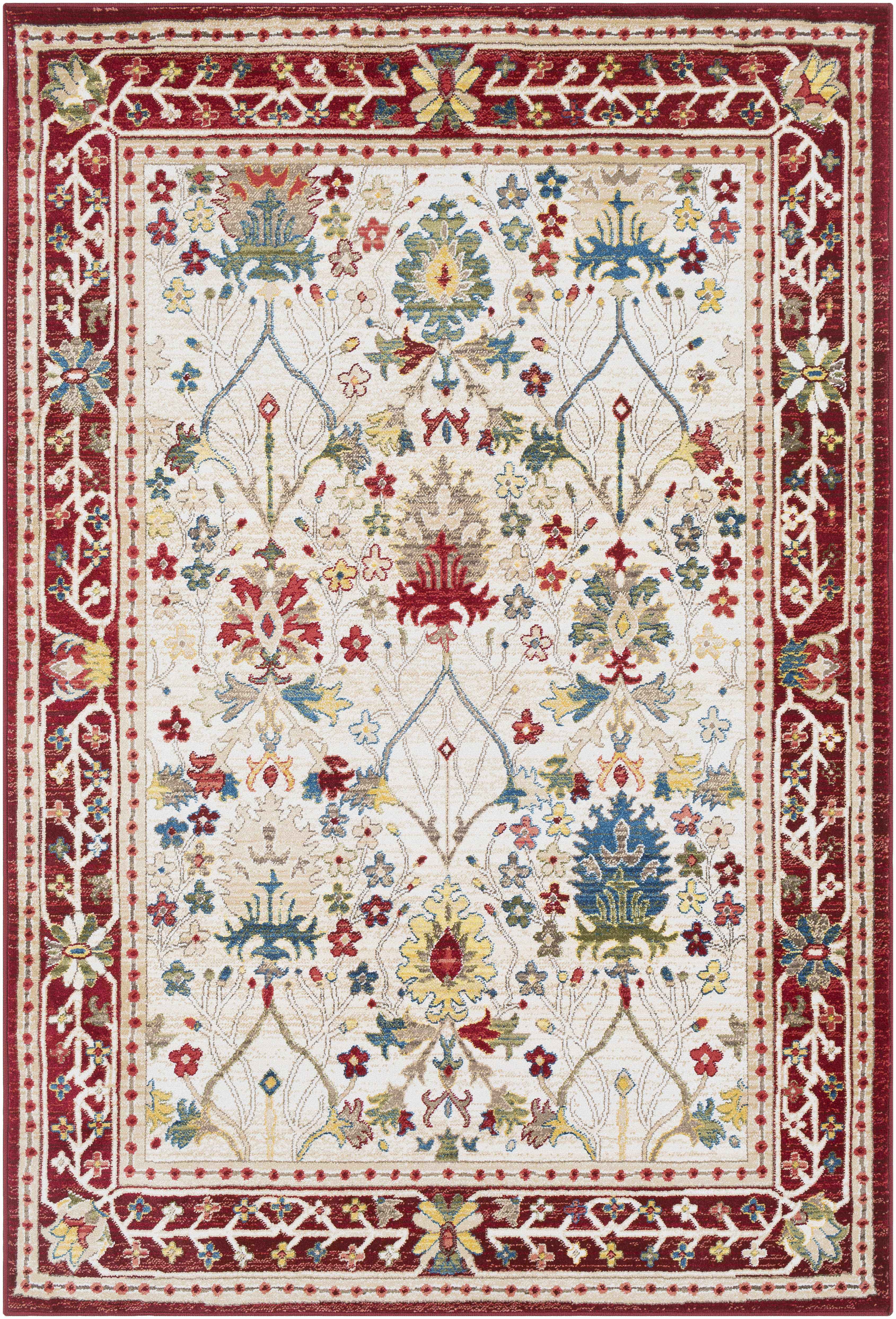 Nox White/Red Damask Area Rug  Machine Woven, Medium Pile