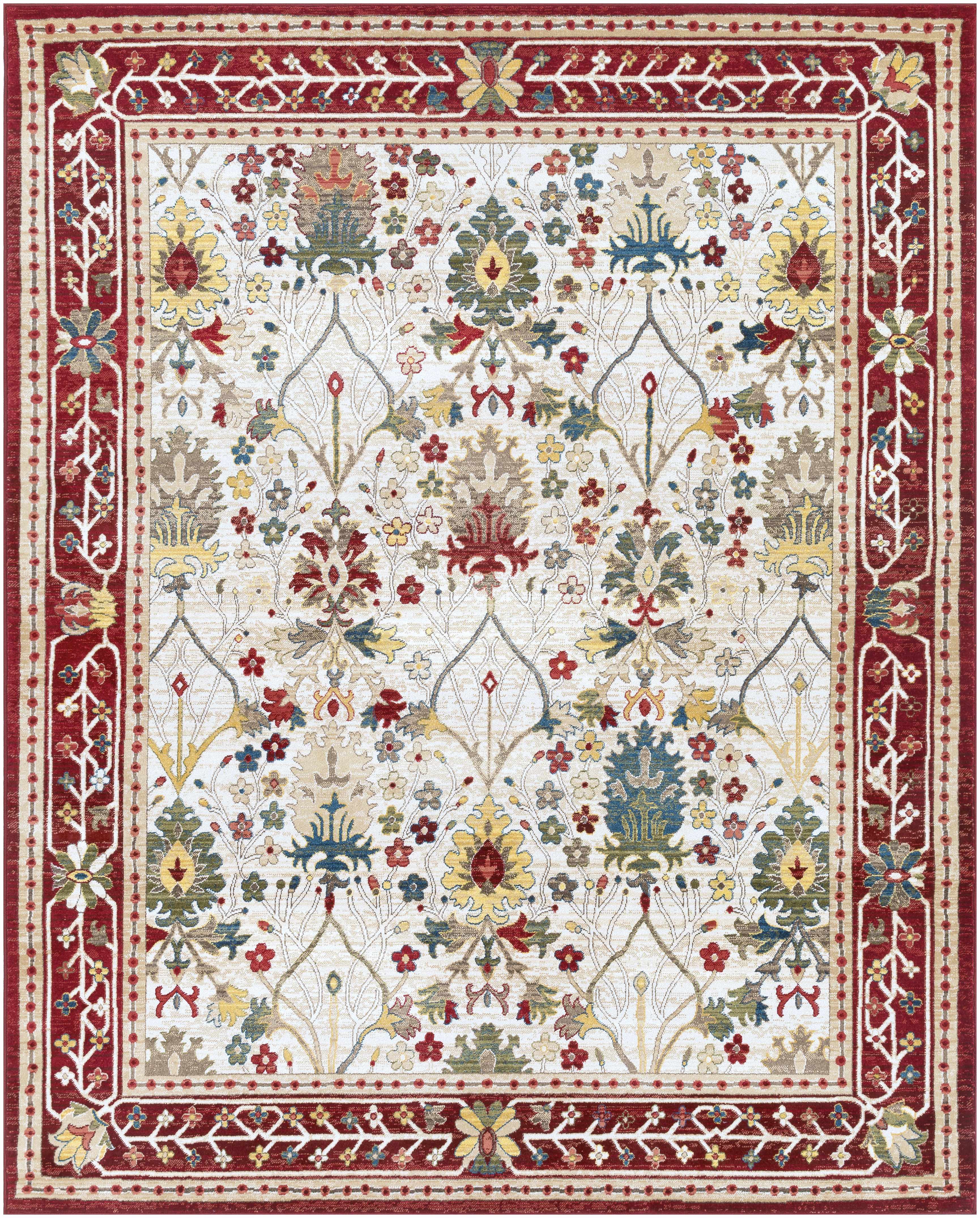 Nox White/Red Damask Area Rug  Machine Woven, Medium Pile