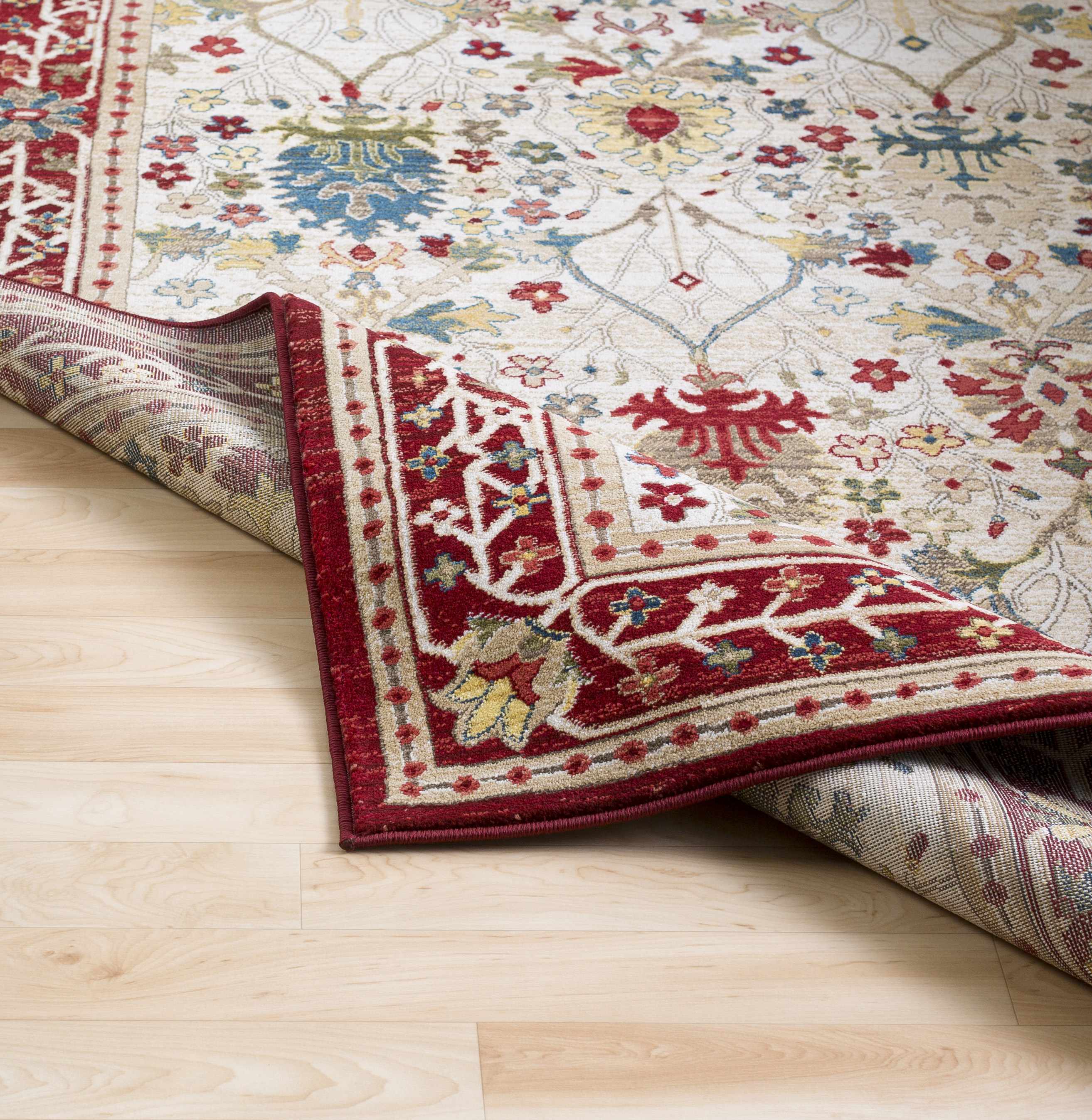 Nox White/Red Damask Area Rug  Machine Woven, Medium Pile