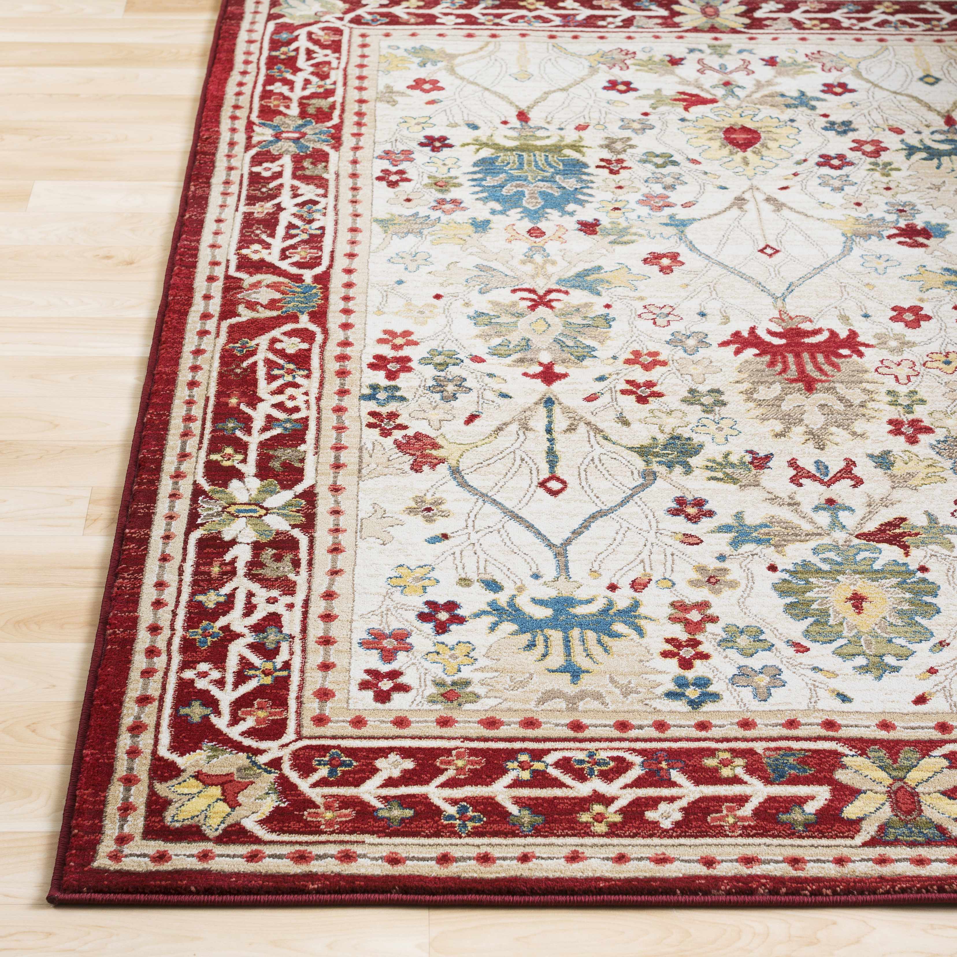 Nox White/Red Damask Area Rug  Machine Woven, Medium Pile
