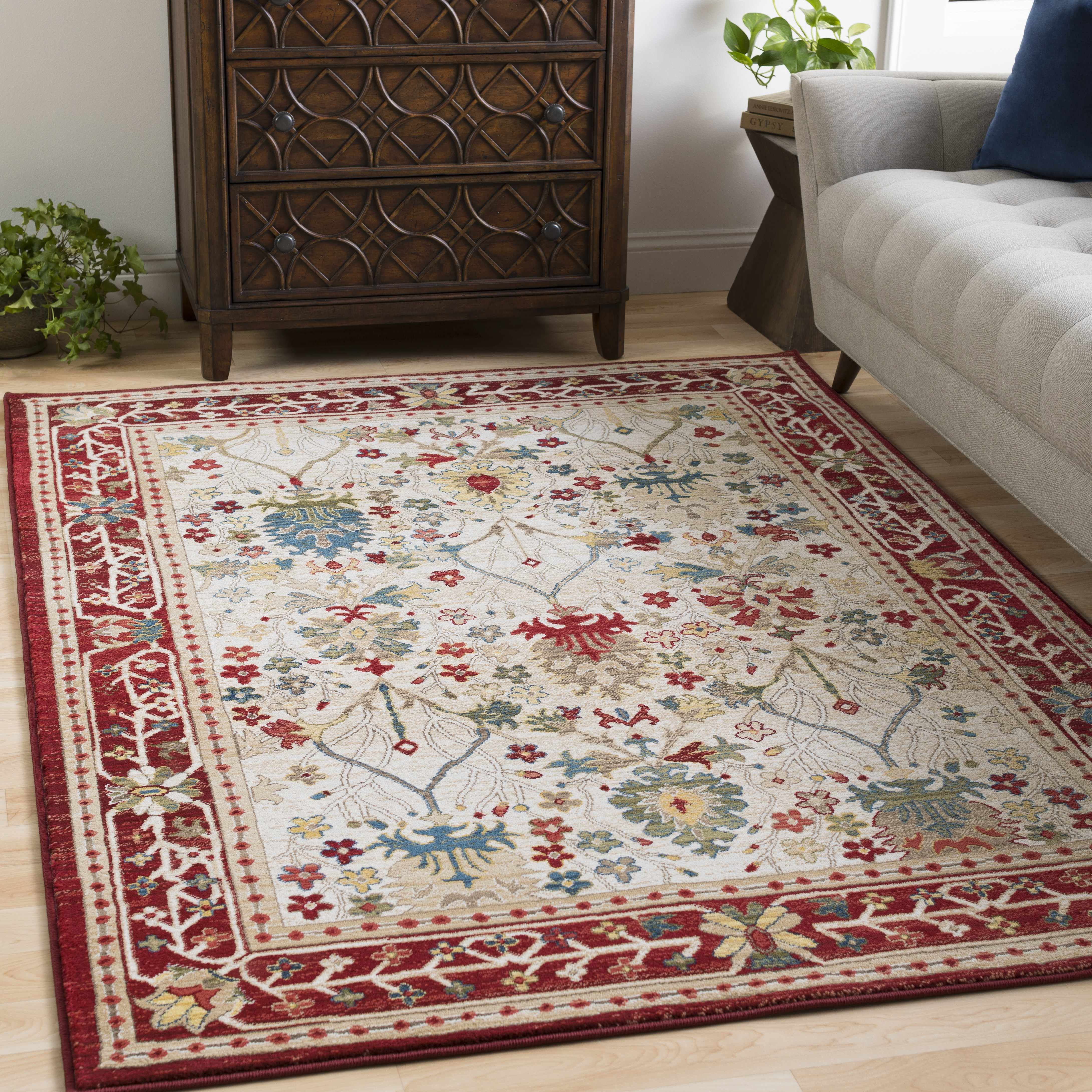 Nox White/Red Damask Area Rug  Machine Woven, Medium Pile