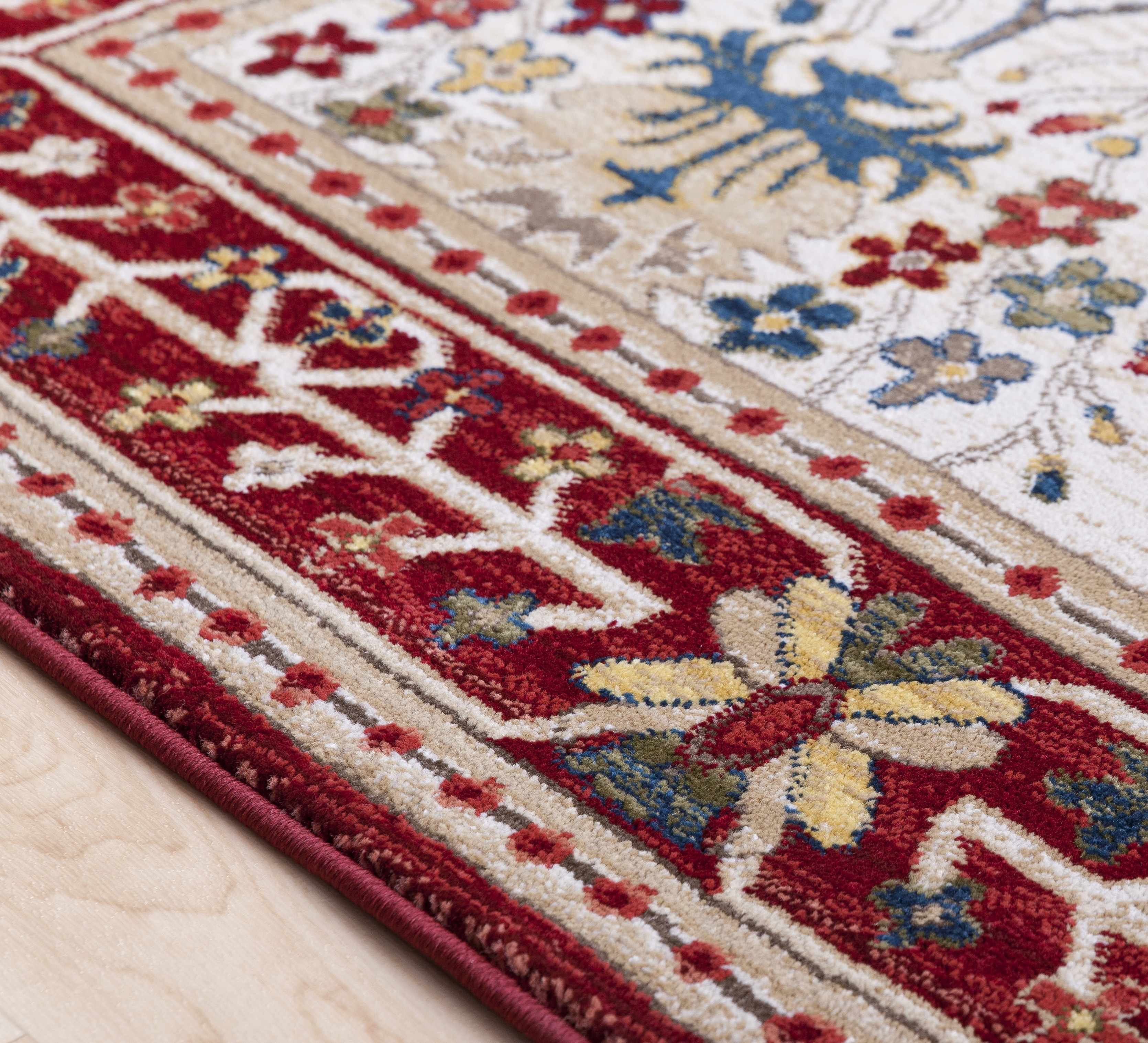 Nox White/Red Damask Area Rug  Machine Woven, Medium Pile