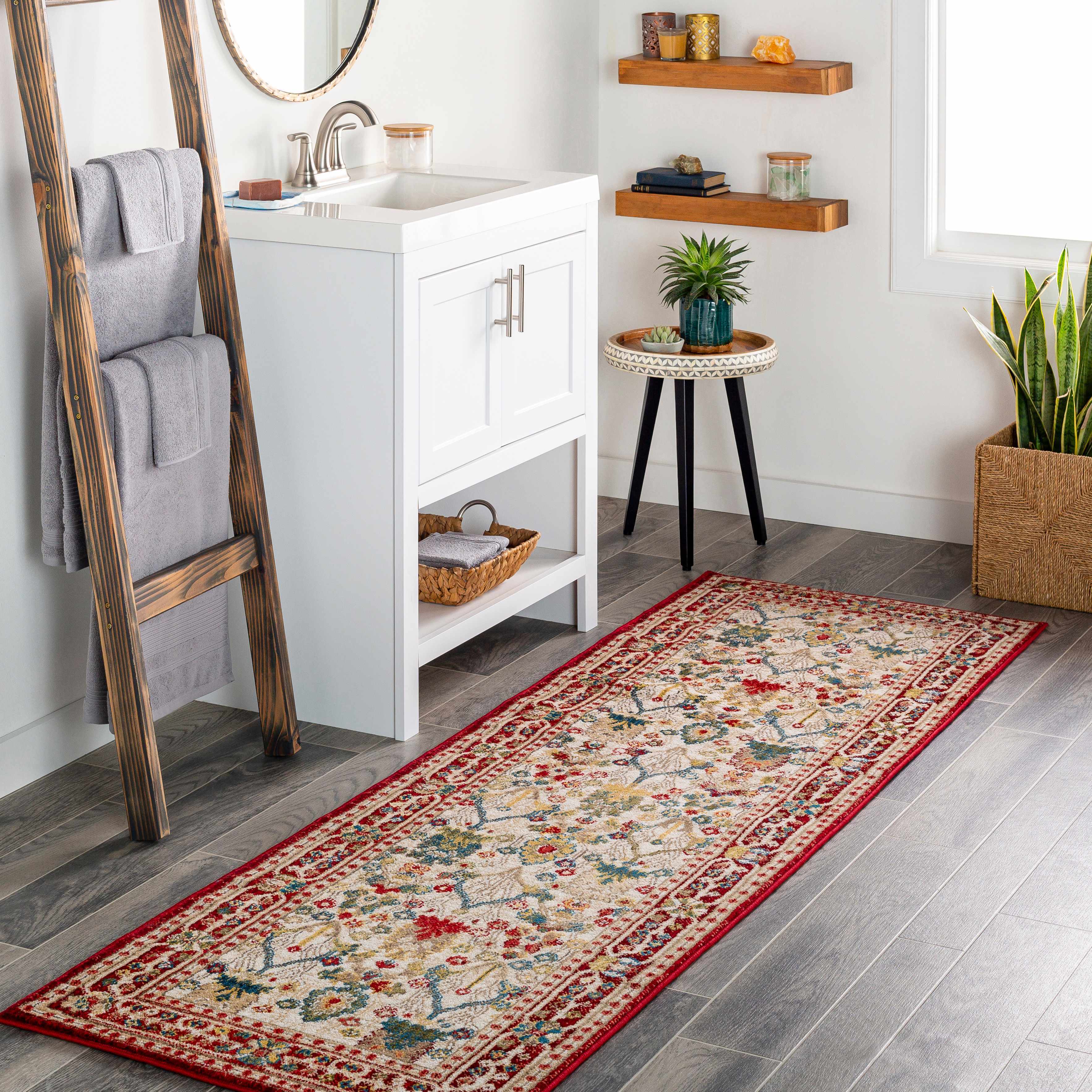 Nox White/Red Damask Area Rug  Machine Woven, Medium Pile