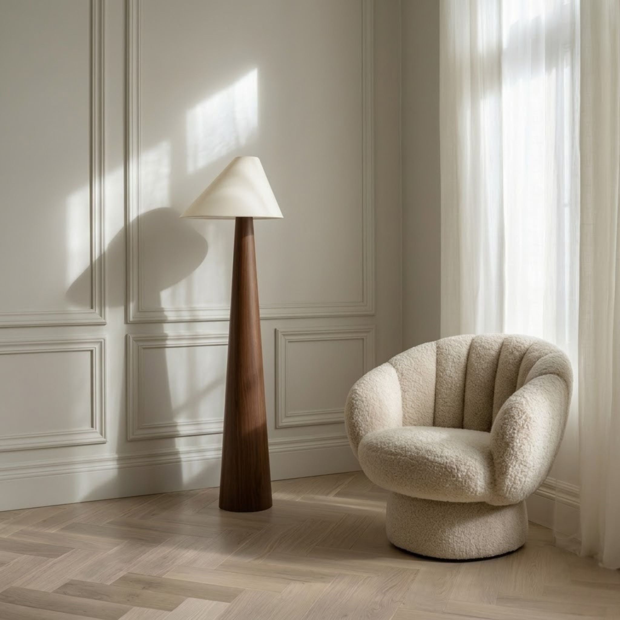Bela Timber Floor Lamp | Wooden Base, Asymmetrical Fabric Shade