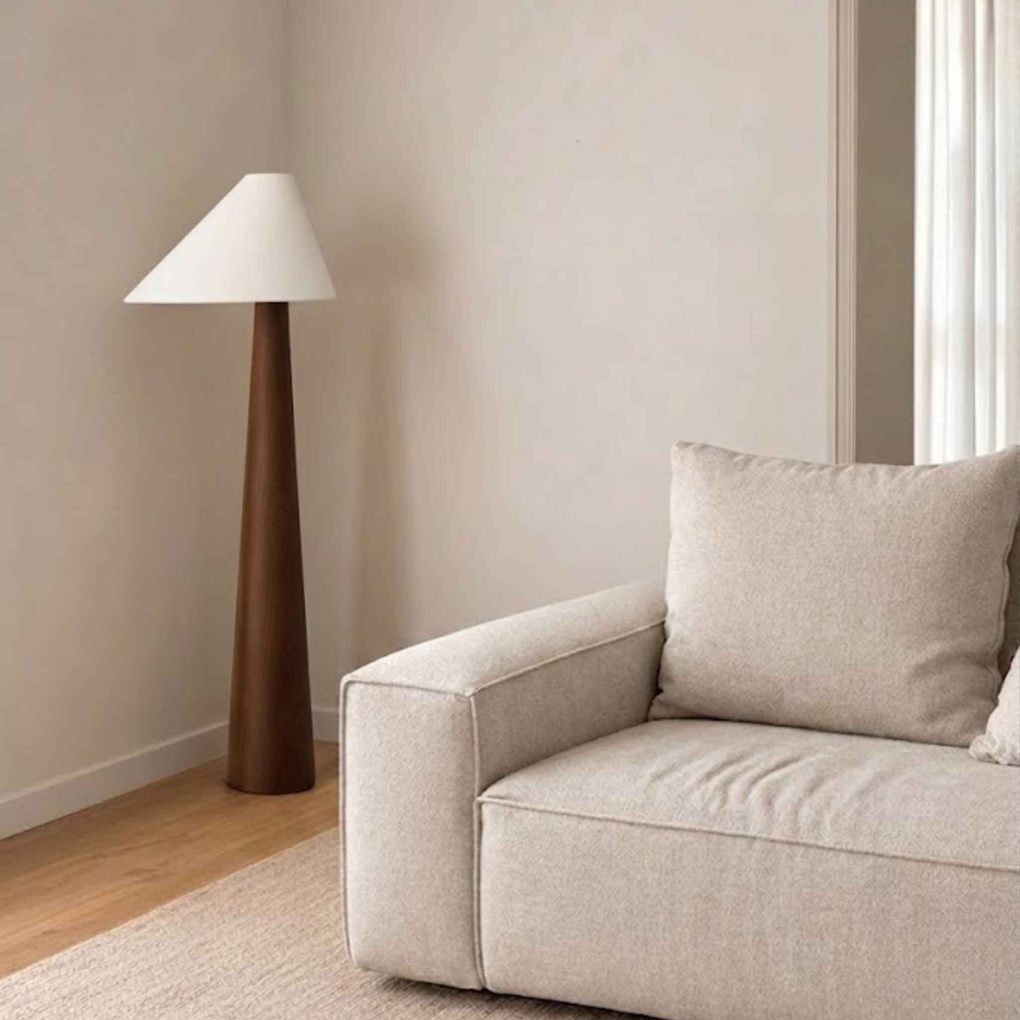 Tera Floor Lamp | Wooden Base, White Fabric Shade - 128 cm