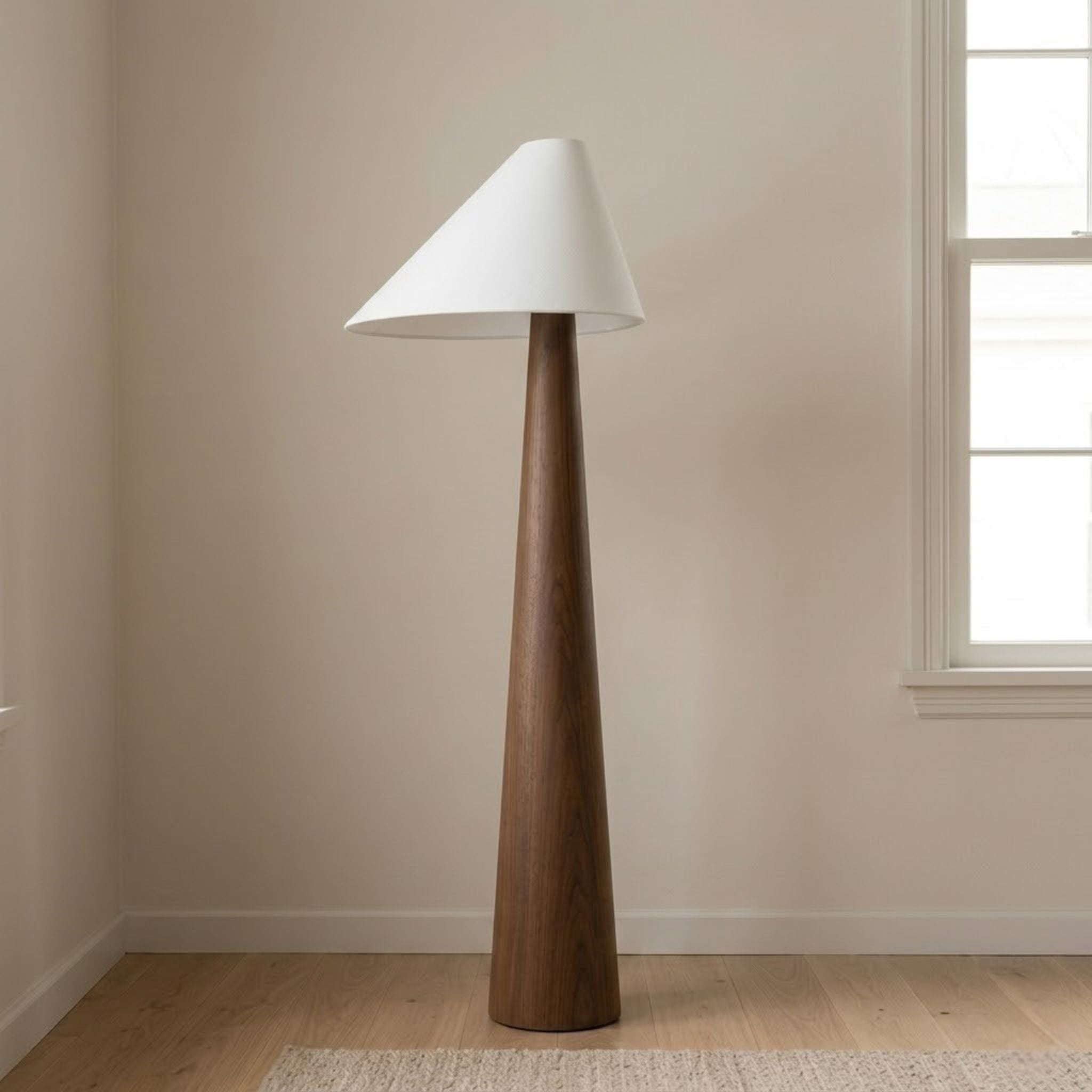 Bela Timber Floor Lamp | Wooden Base, Asymmetrical Fabric Shade