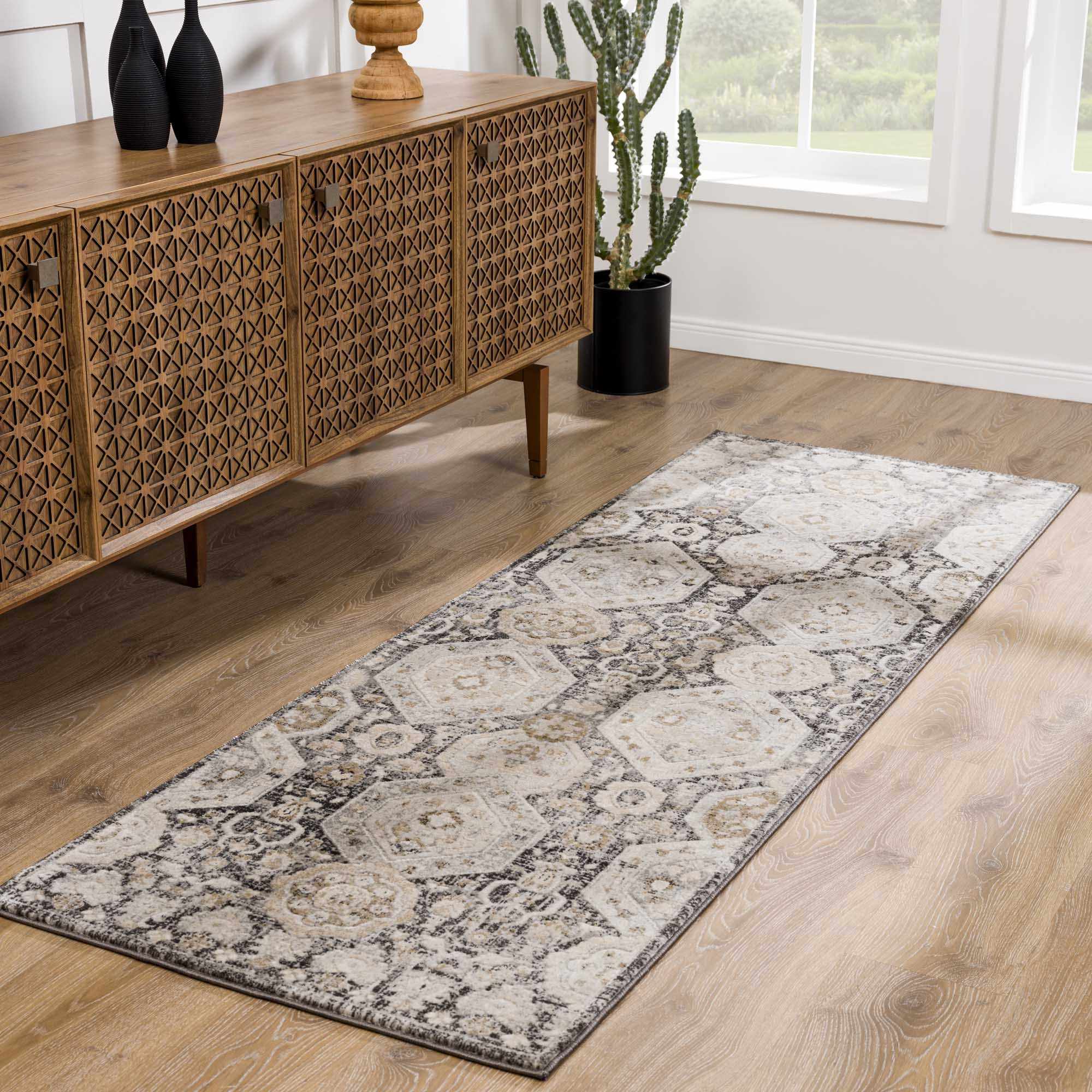 Minoan Area Rug  Traditional Machine Woven  Hexagonal Pattern