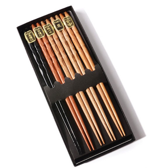 Bento Luxe Set van 5 Paar Houten Eetstokjes | Handgemaakt, Natuurlijk Hout
