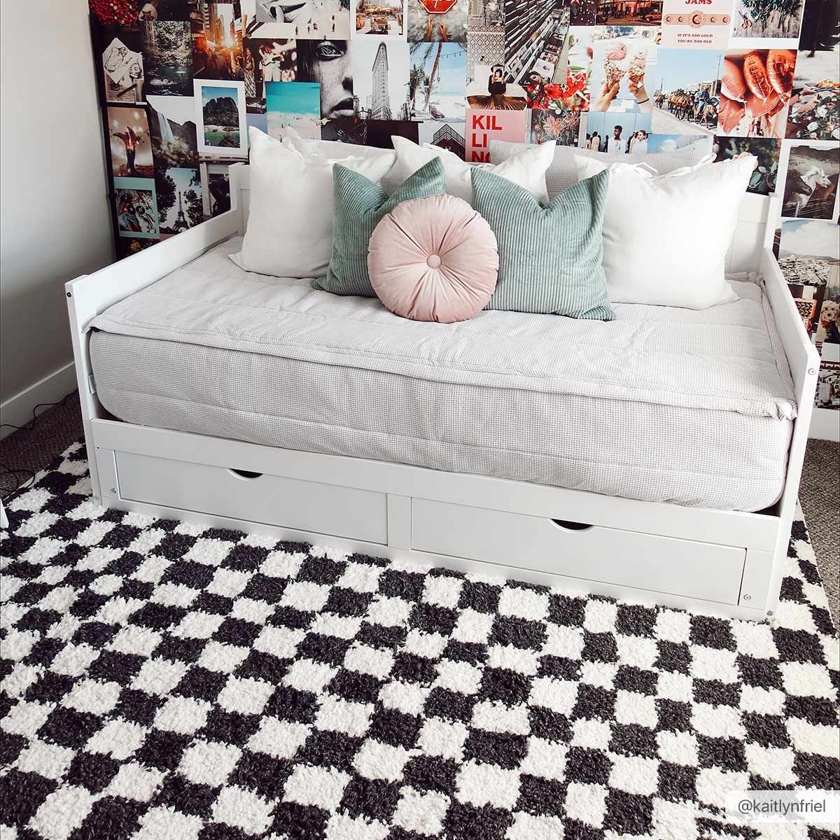 Kieu Checkered Shag Rug  Plush Pile, 100% Polyester, Gray/White