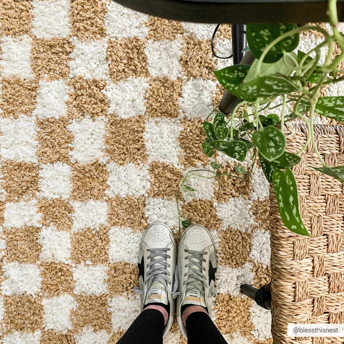 Kira Area Rug  Checkered Plush Pile, Mustard & Ivory