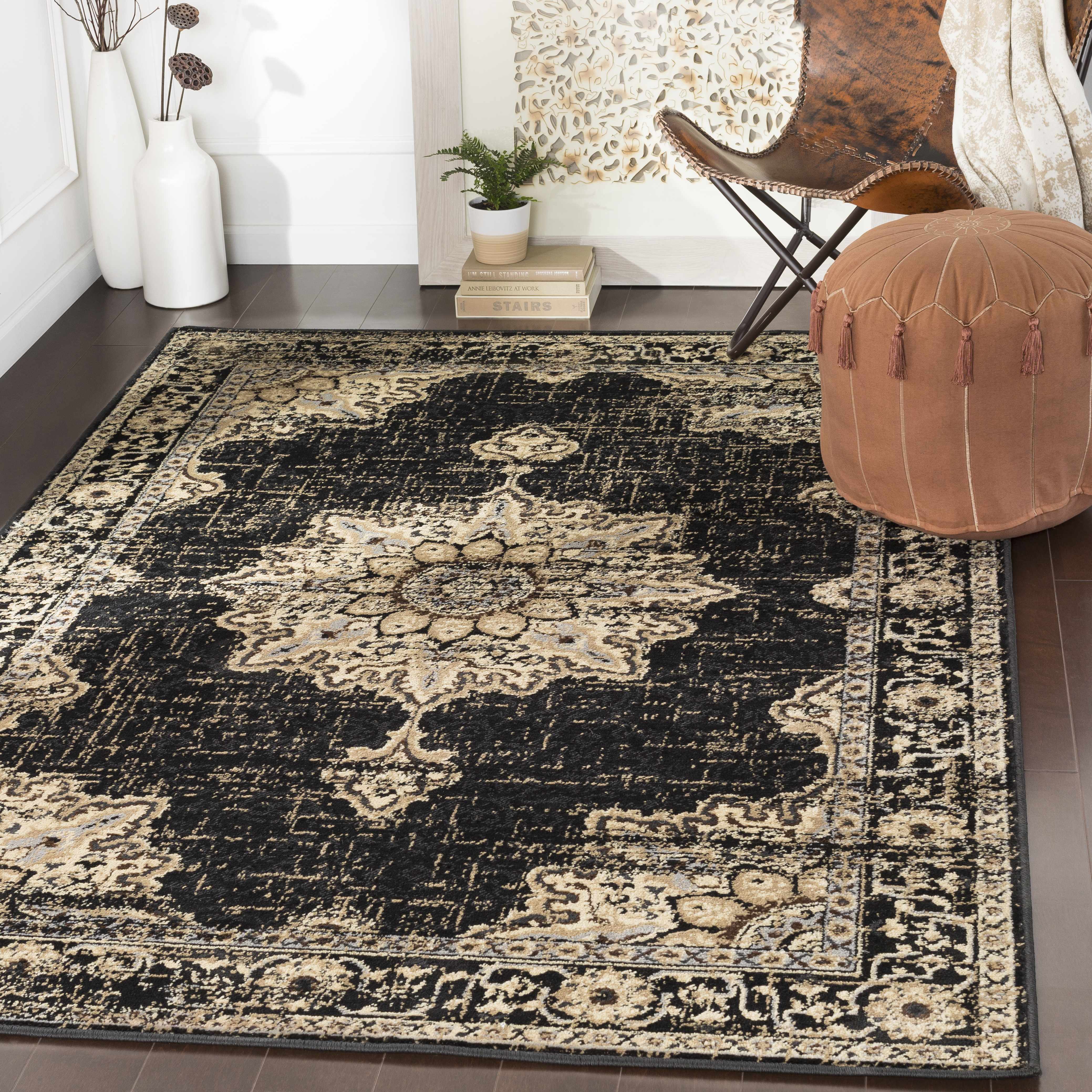 Bela Medallion Rug  Machine Woven  Black Polypropylene