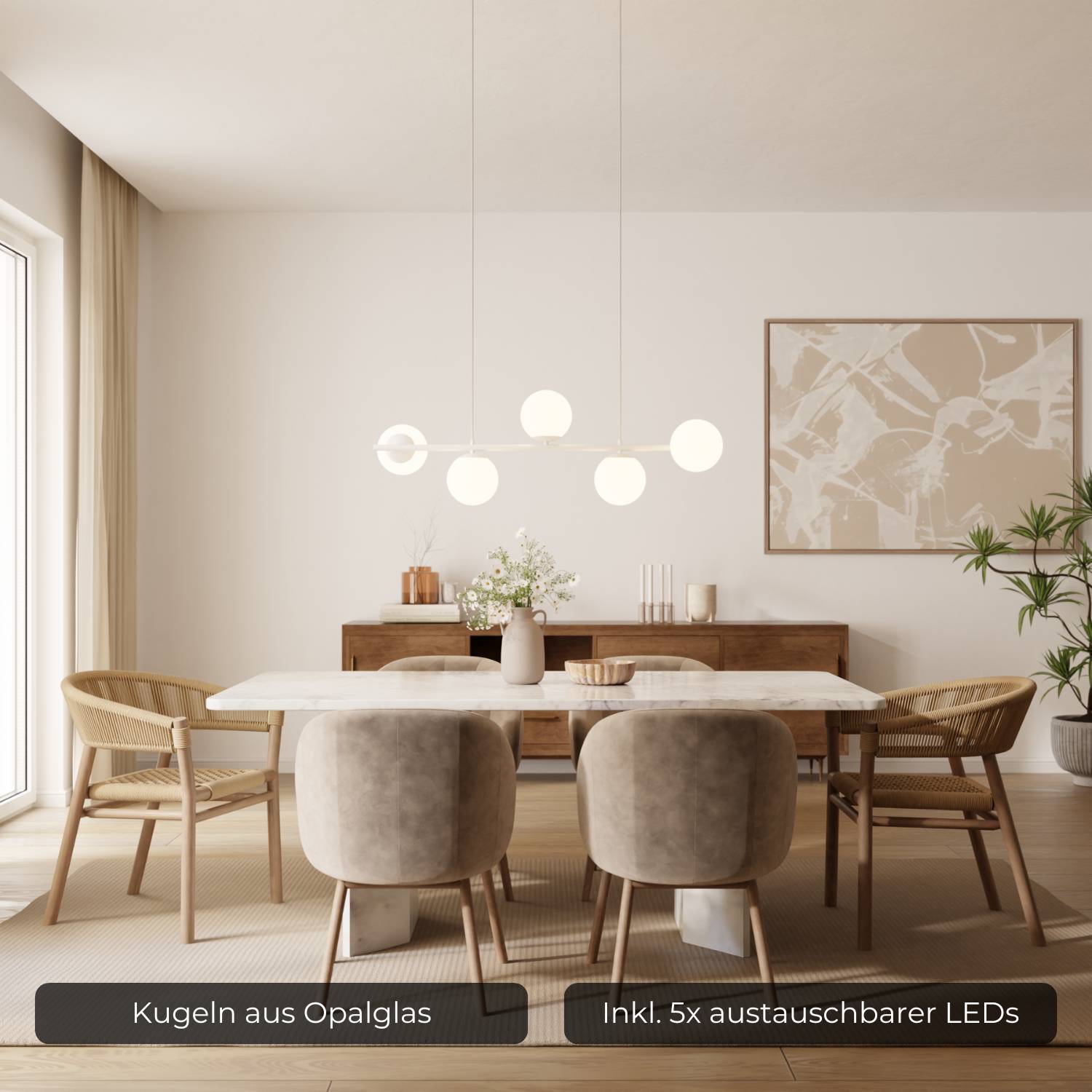 Livia Pendant Light | 5 Opal Glass Spheres, 100 cm Length