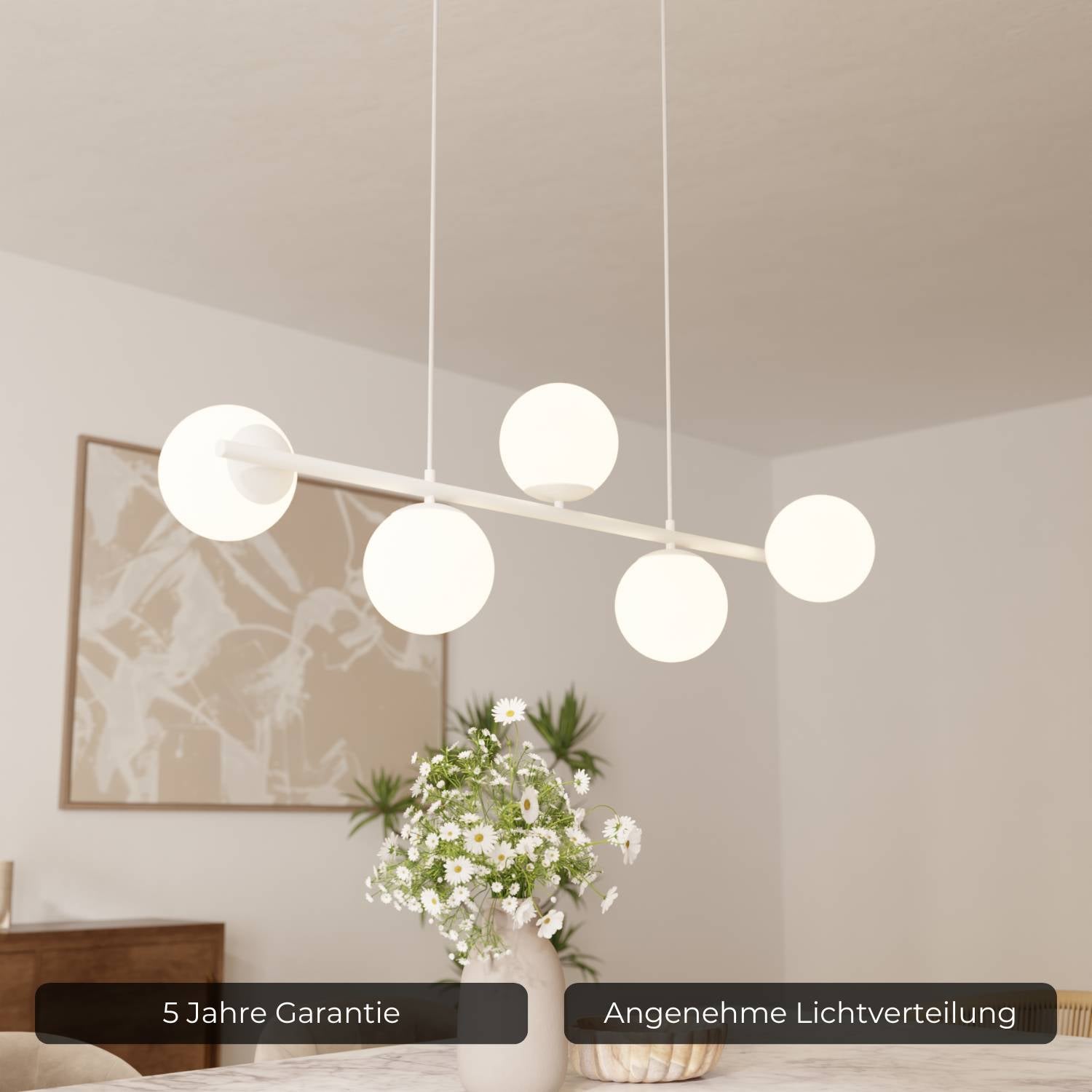 Livia Pendant Light | 5 Opal Glass Spheres, 100 cm Length
