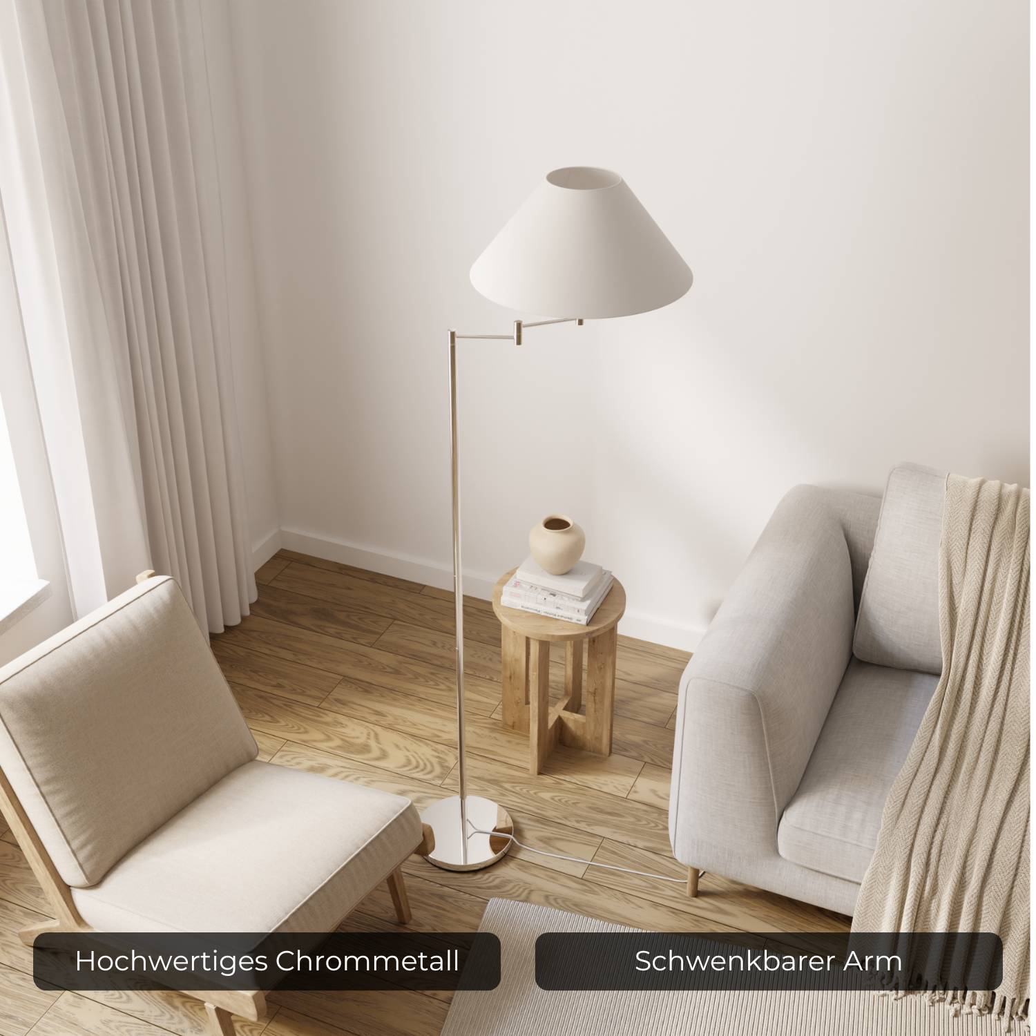 Belo Floor Lamp | Adjustable Arm, Chrome Design