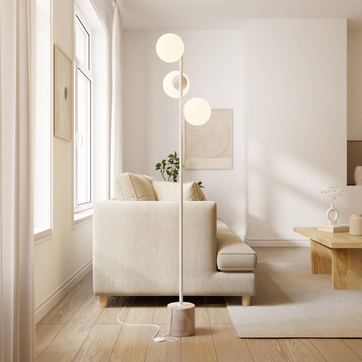 Rovea Floor Lamp | Genuine Travertine Base, Warm Diffused Light