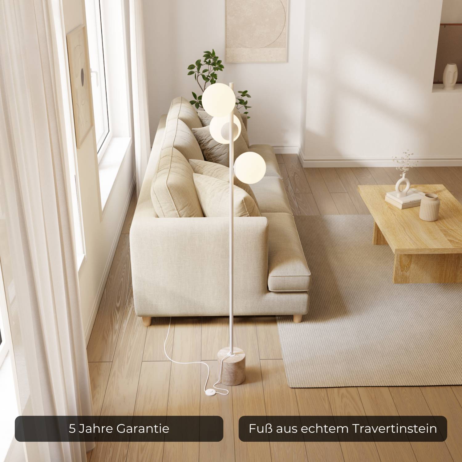 Rovea Floor Lamp | Genuine Travertine Base, Warm Diffused Light