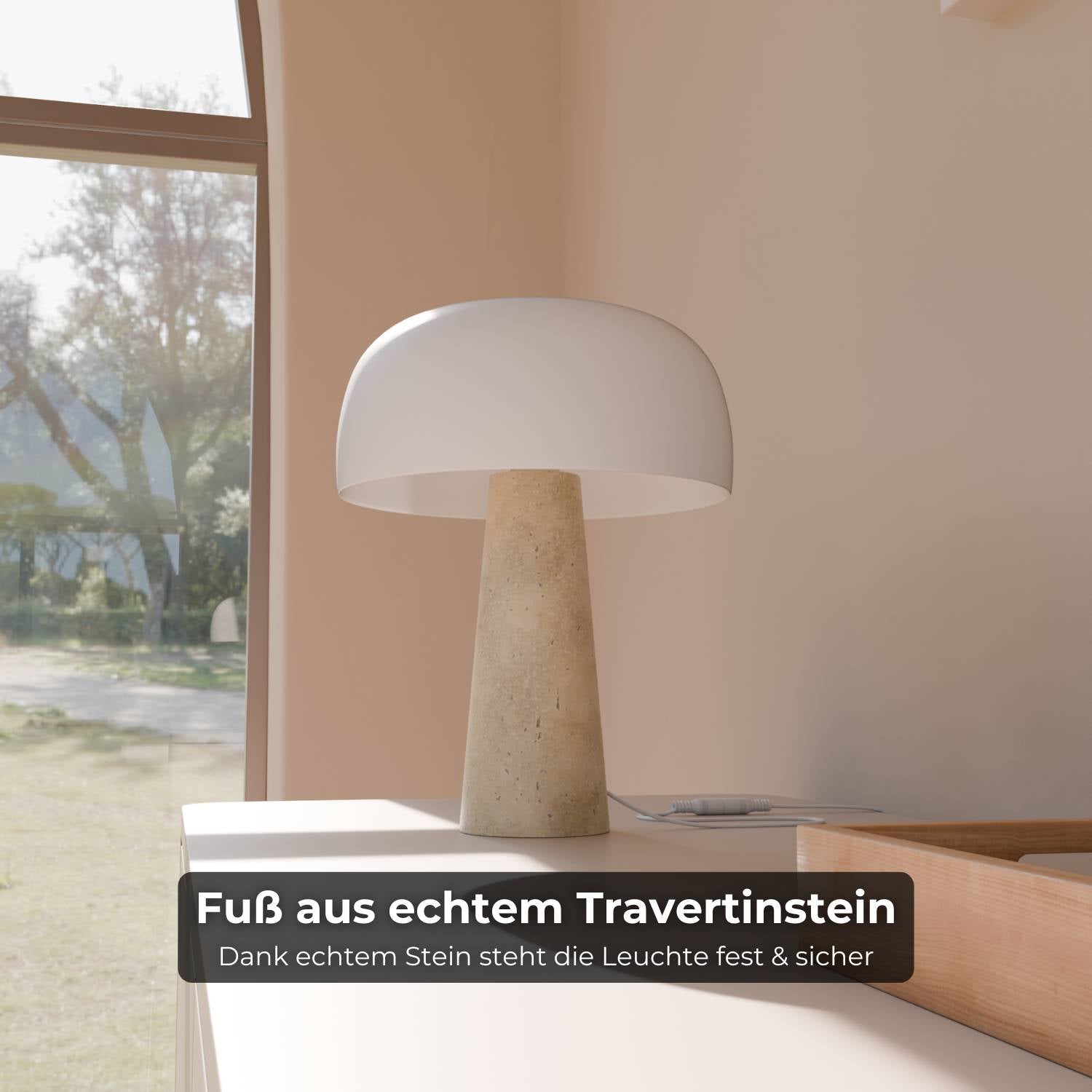 Lyra Table Lamp | Genuine Travertine Base, Opal Glass Shade