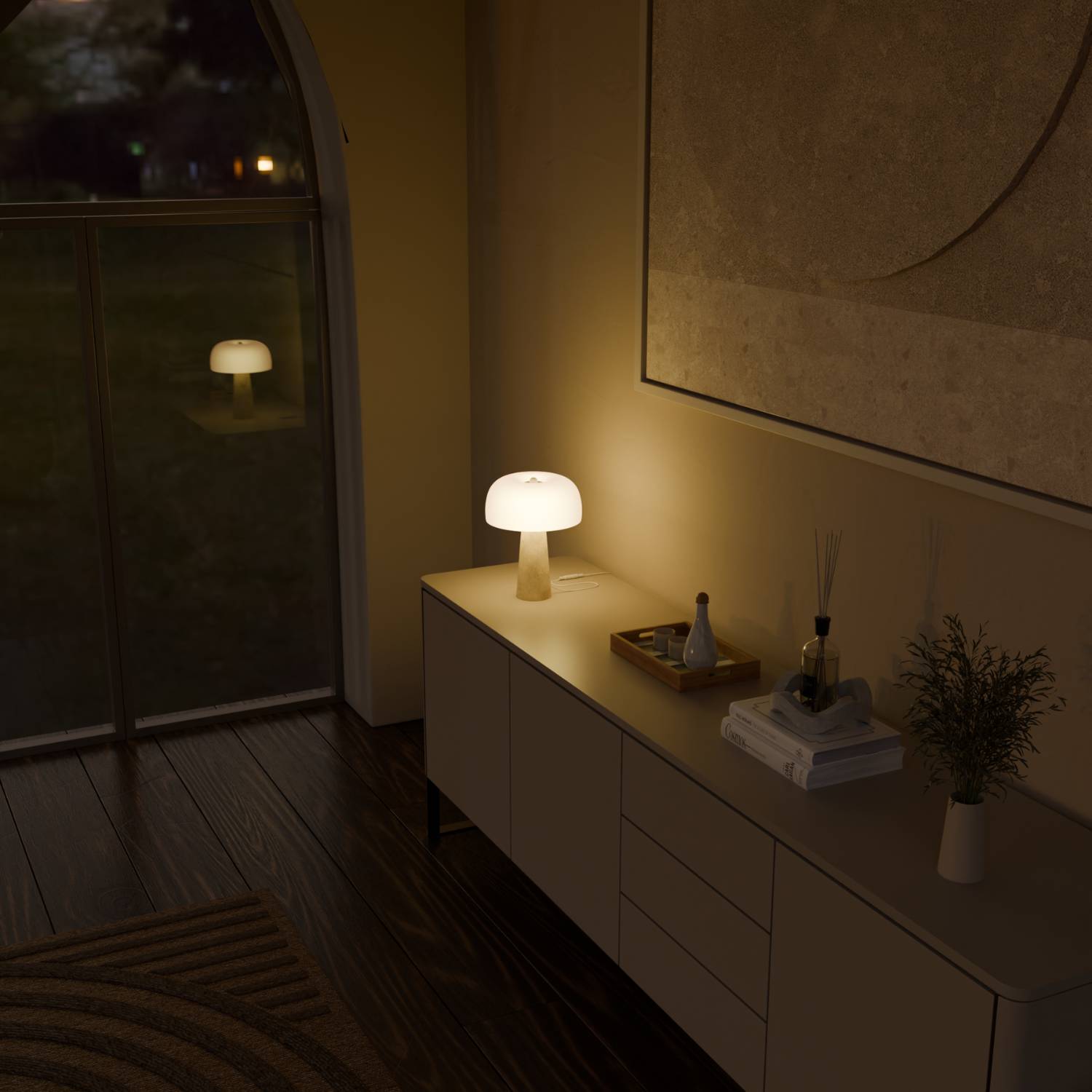 Lyra Table Lamp | Genuine Travertine Base, Opal Glass Shade
