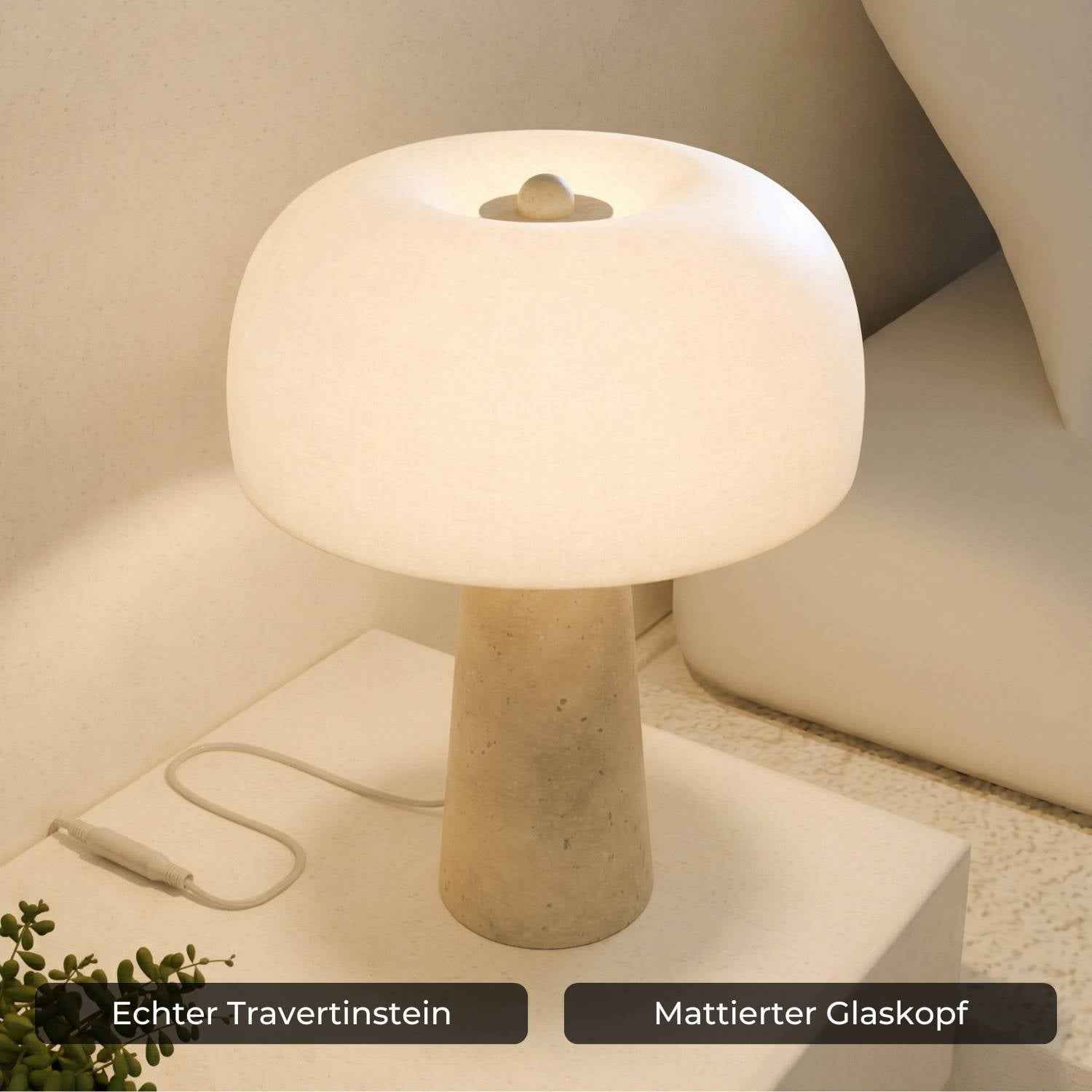 Bela Table Lamp | Genuine Travertine Base, Mouth-Blown Glass Shade