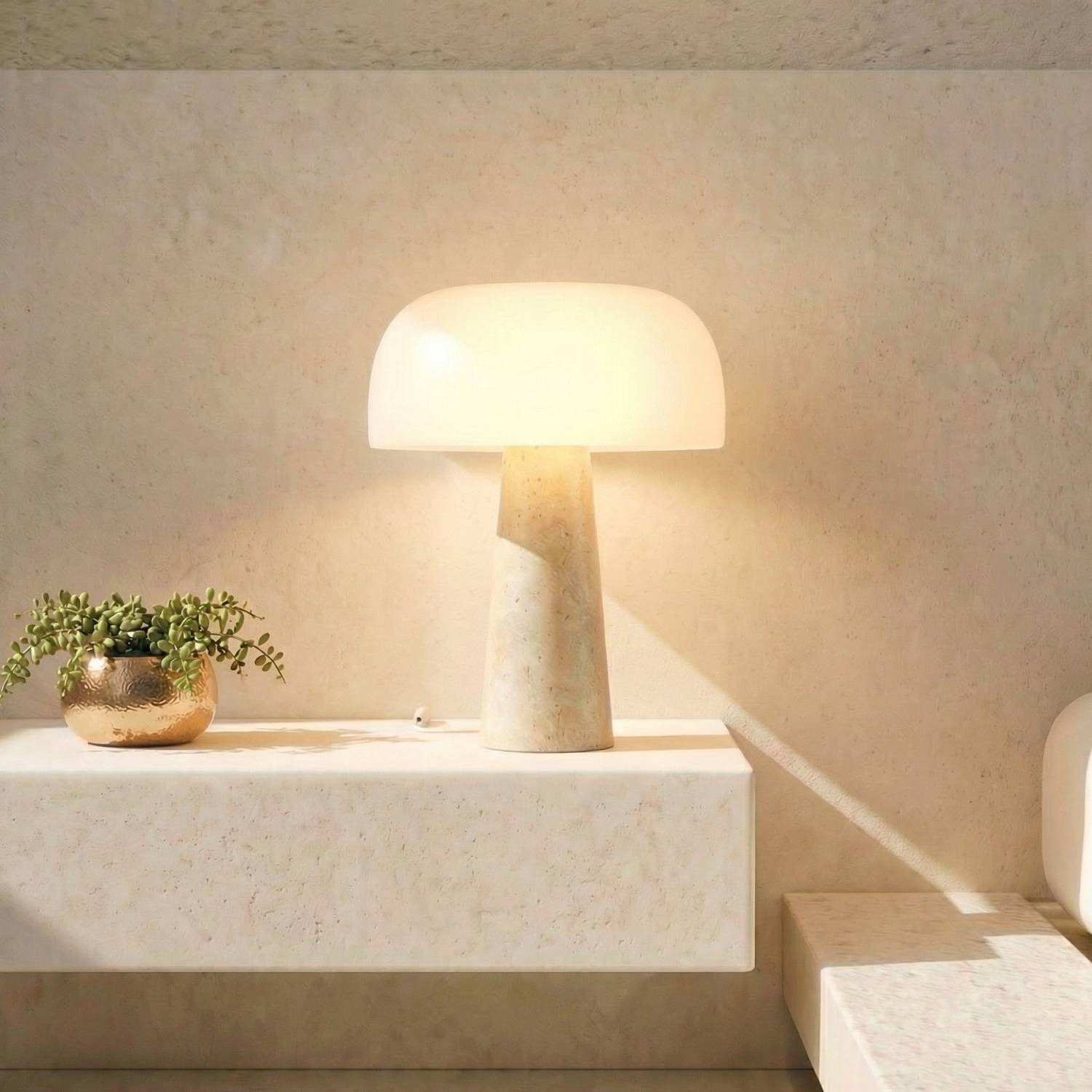 Lyra Table Lamp | Genuine Travertine Base, Opal Glass Shade