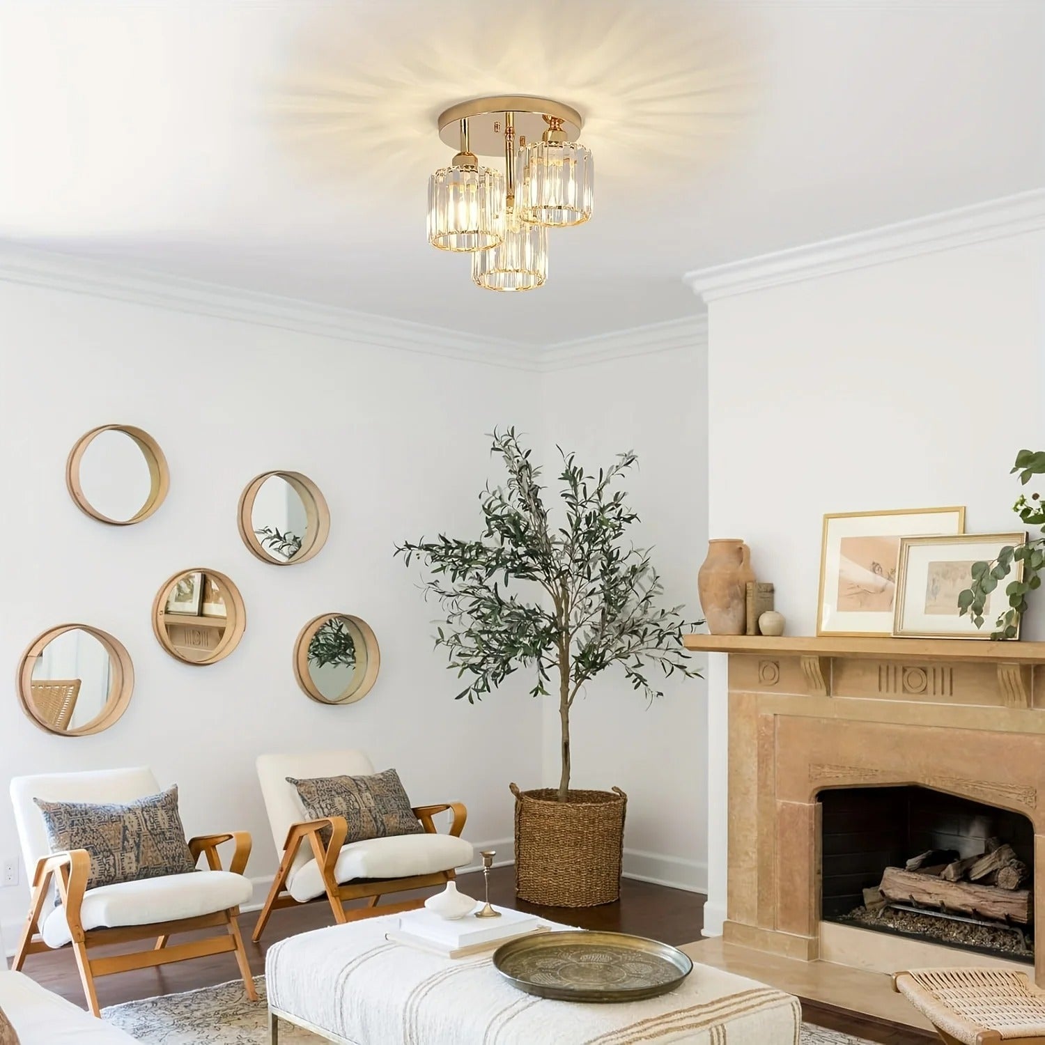 Bela Crystal Ceiling Light | 3-Light Semi Flush Mount, Gold Finish