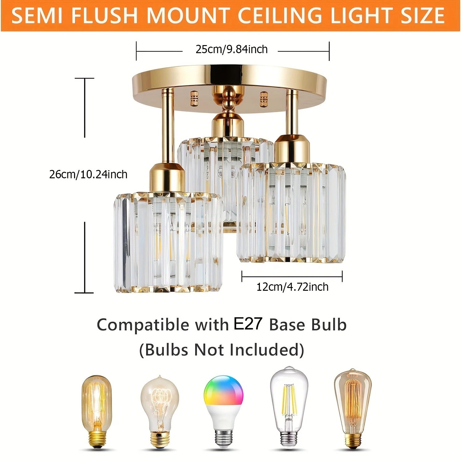Bela Crystal Ceiling Light | 3-Light Semi Flush Mount, Gold Finish