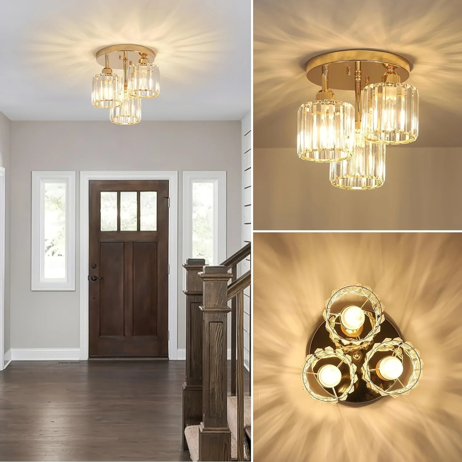 Bela Crystal Ceiling Light | 3-Light Semi Flush Mount, Gold Finish