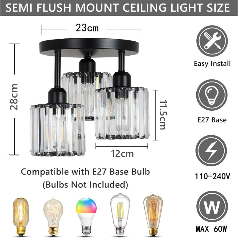 Bela Crystal Ceiling Light | 3-Light Semi Flush Mount, Gold Finish