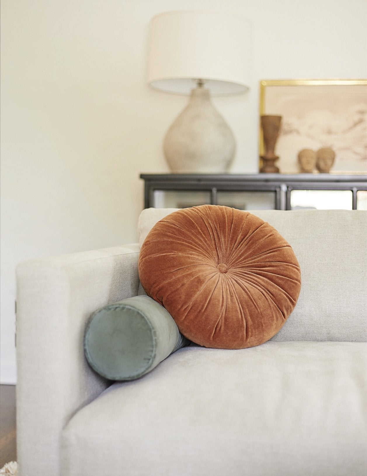 Mira Velvet Round Pillow | Pleated Texture, Soft Hues