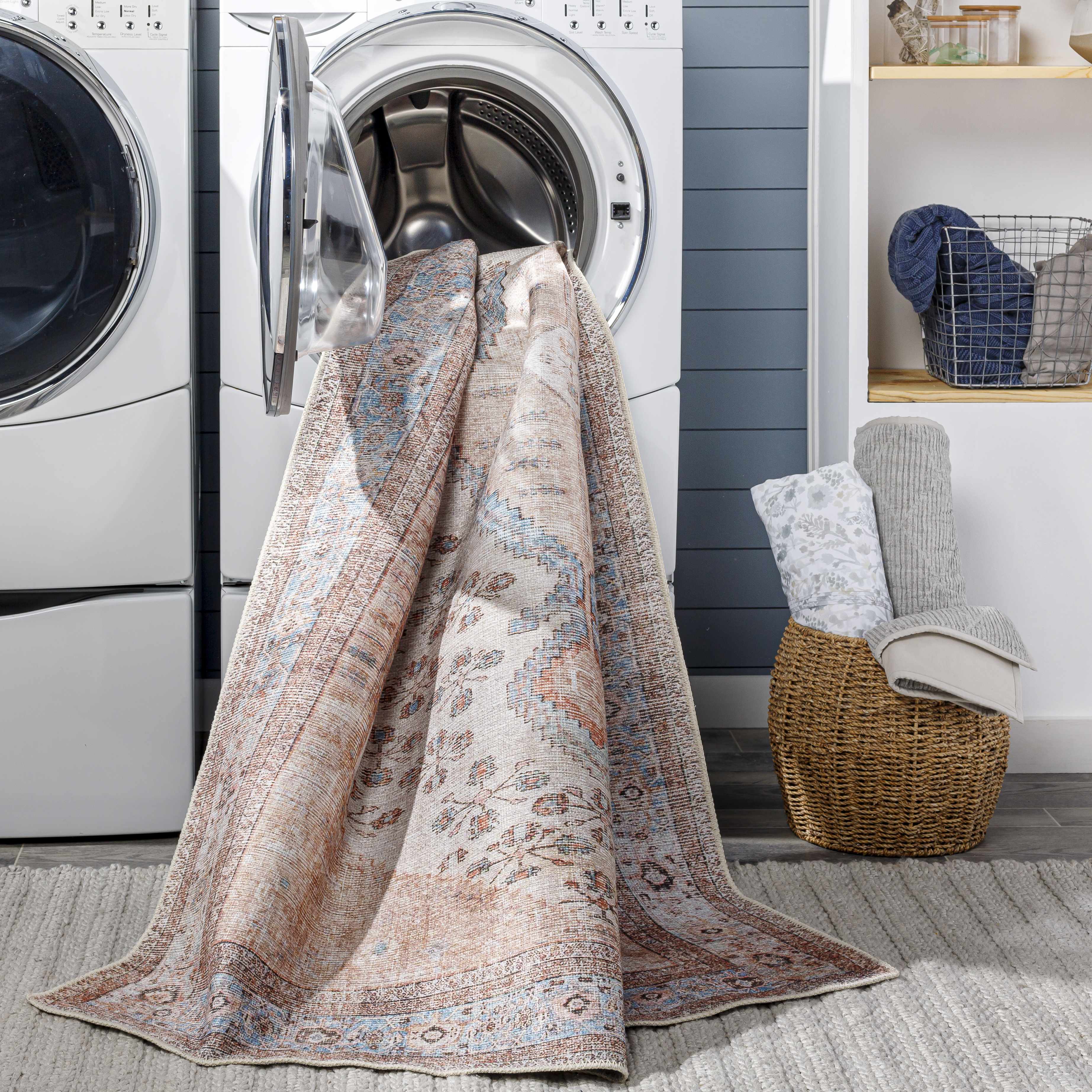 Mira Washable Area Rug  Machine Woven Chenille-Polyester, Aqua