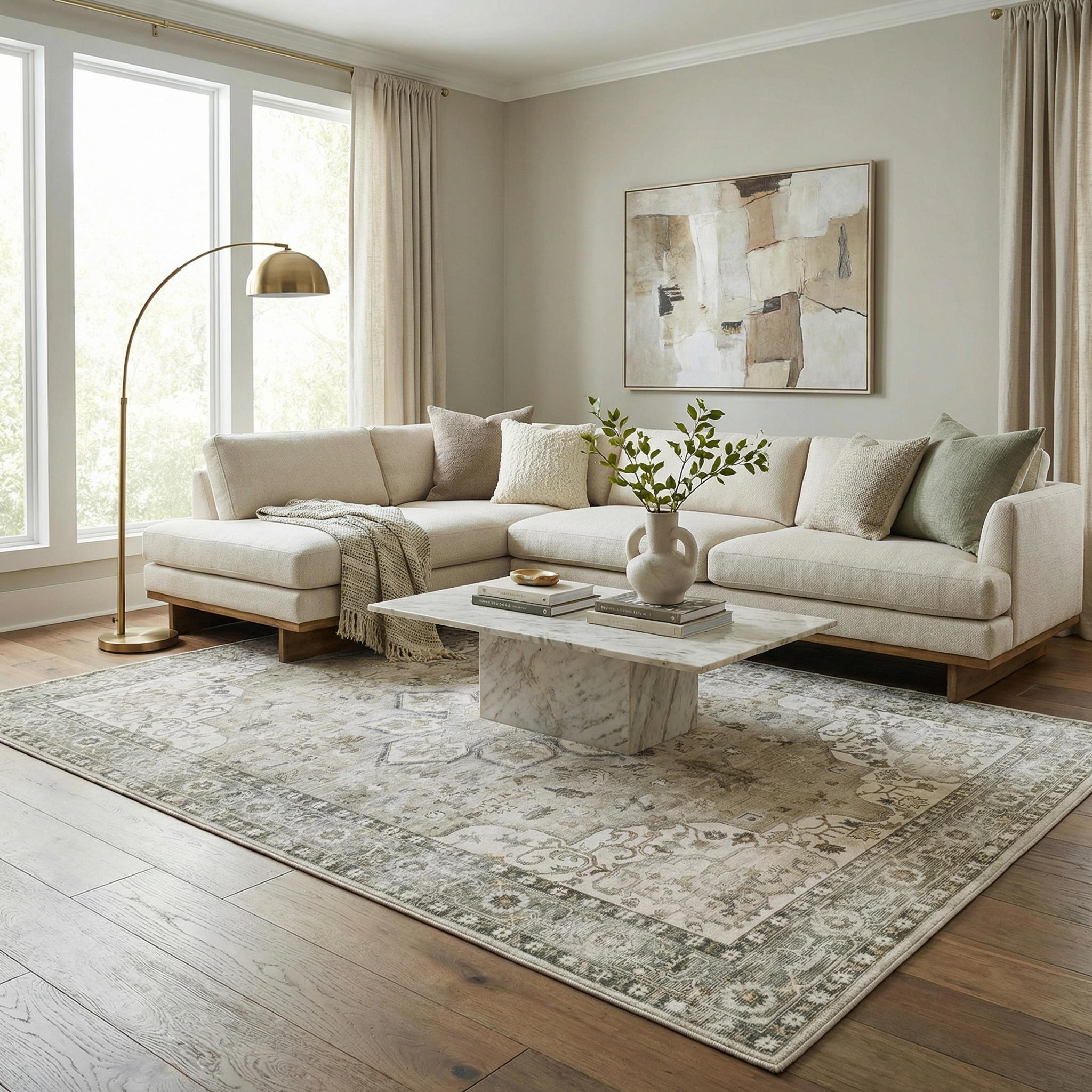Luxe Sage Medallion Area Rug  Machine Washable Polyester